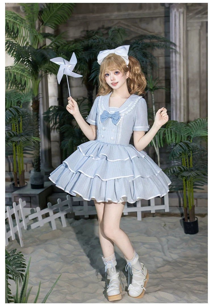 Seven-Day Bell - Blue Classic Lolita Striped OP Dress, Sailor Collar