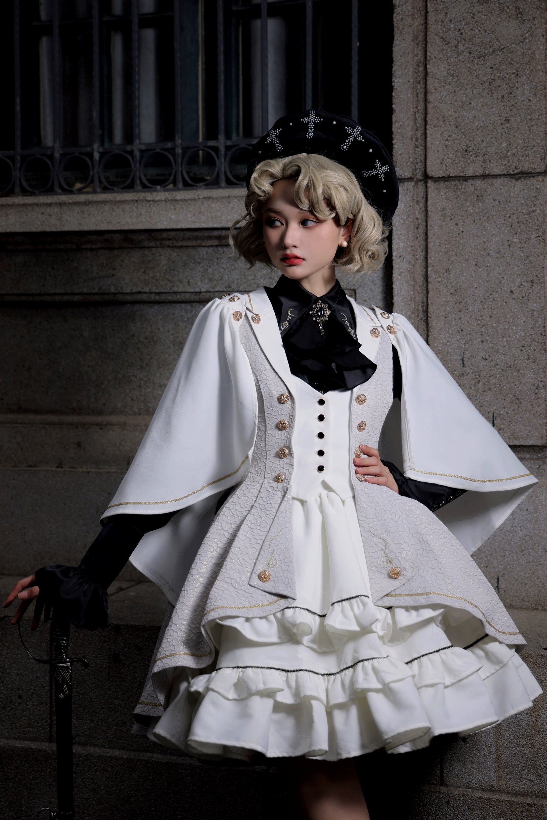 SilentMars - Fallen Moon Rule - Military Lolita Shirt Set Retro Knight Style Blouse Grey x white - vest style coat with a brooch S