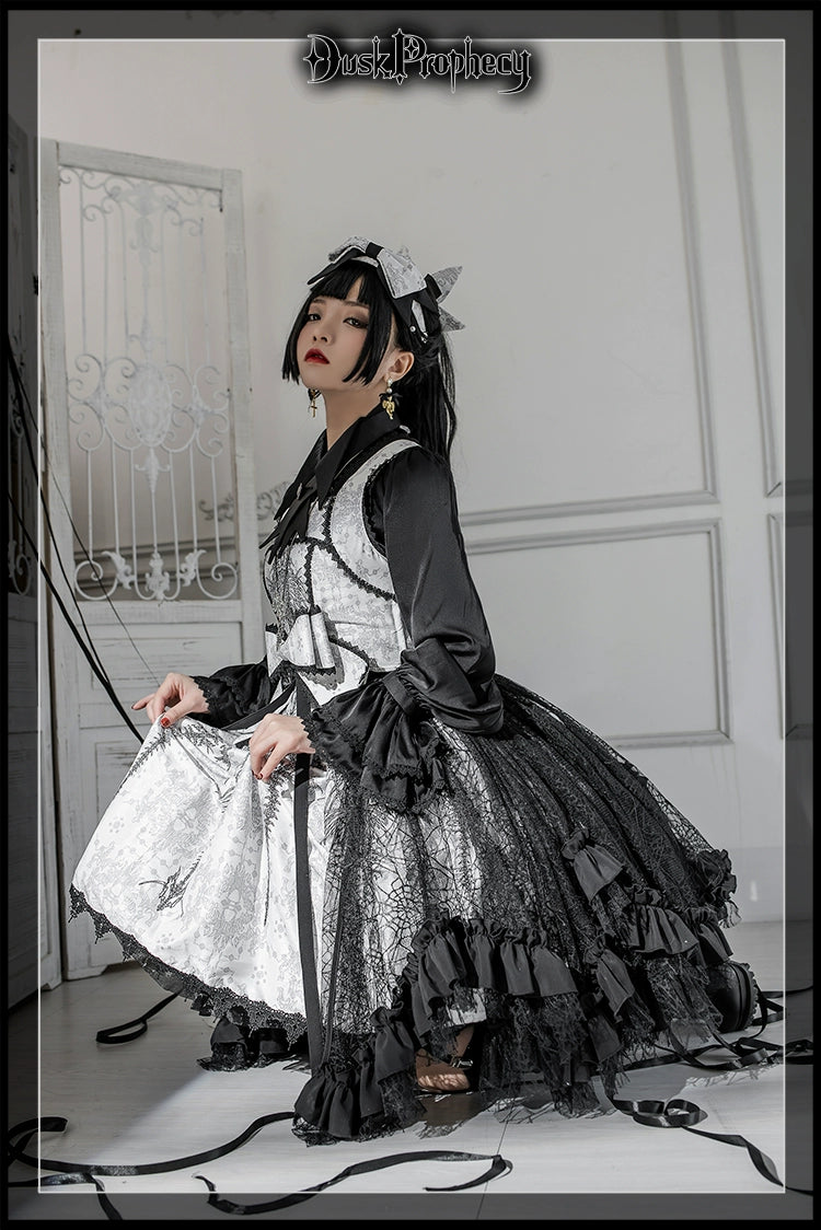 DuskProphecy - Coccyx - Elegant Lolita Dress High Waist Fishbone Print JSK Set 34722:466570