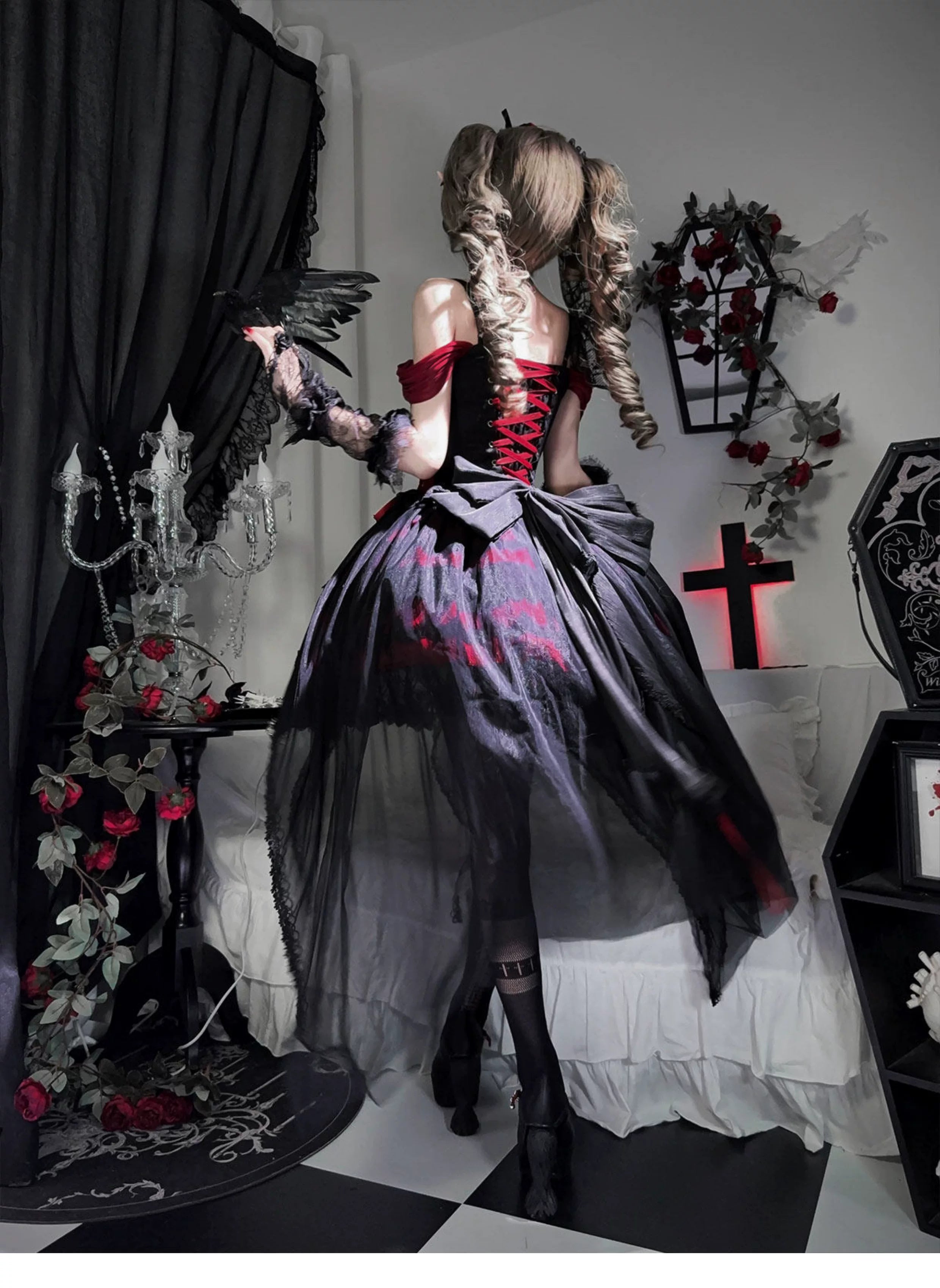Eternal Thorn of the Dragonbone - Embroidered Gothic Lolita JSK Dress, Off-Shoulder