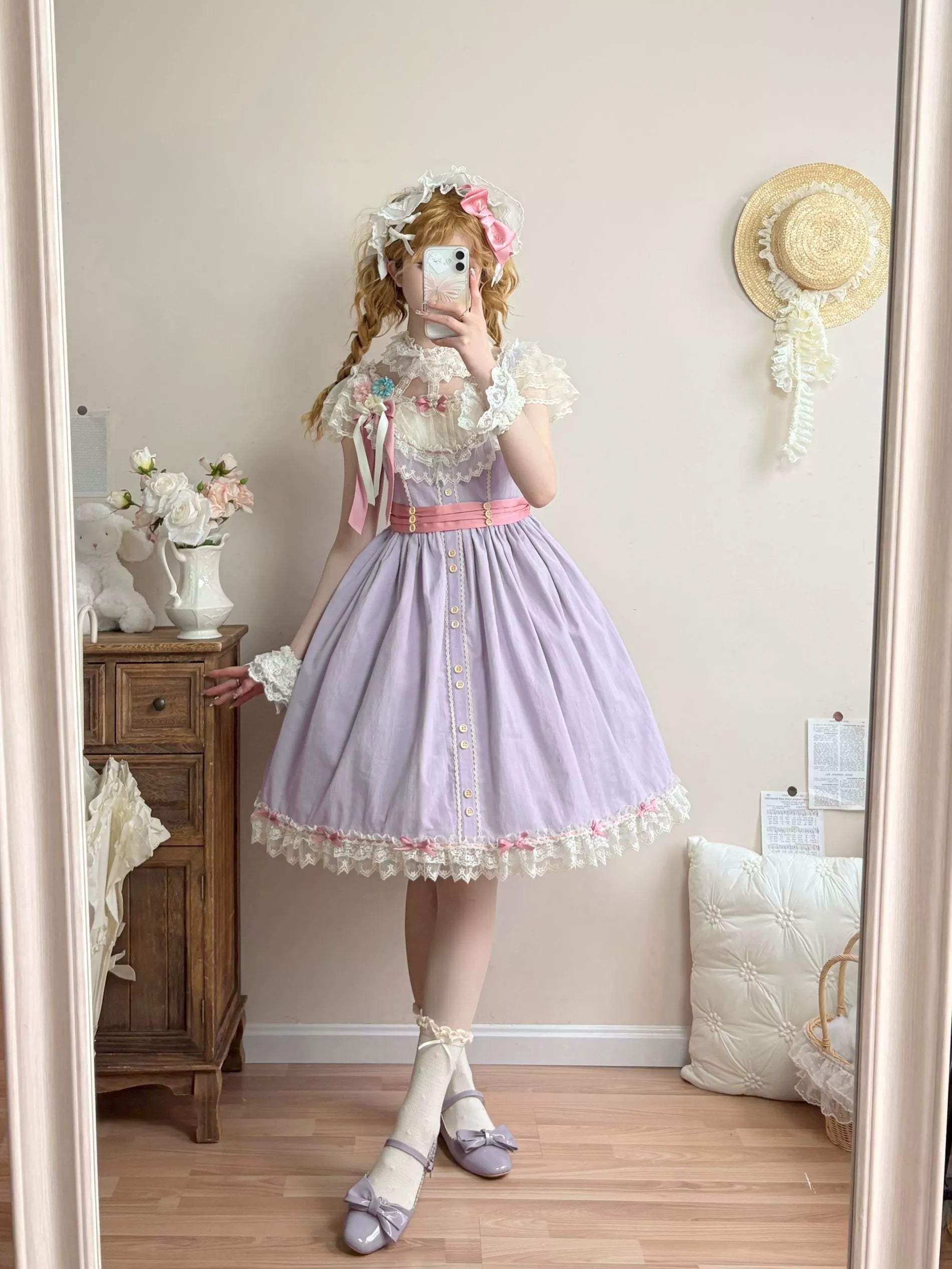 Uncle's Workshop - Fluttering Cherry Spring Strings - Cotton Sweet Lolita JSK Dress Short - Purple - JSK Only (dress+waist tie) S