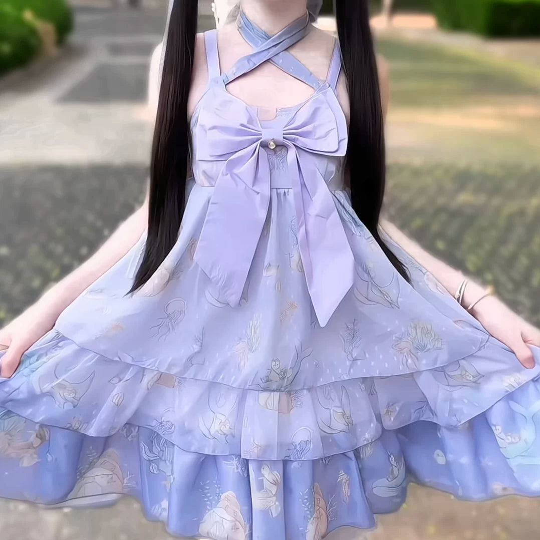 Ocean Sweetheart - Chiffon Sweet Lolita JSK Dress, Whale & Jellyfish Print (L S) 44902:826986