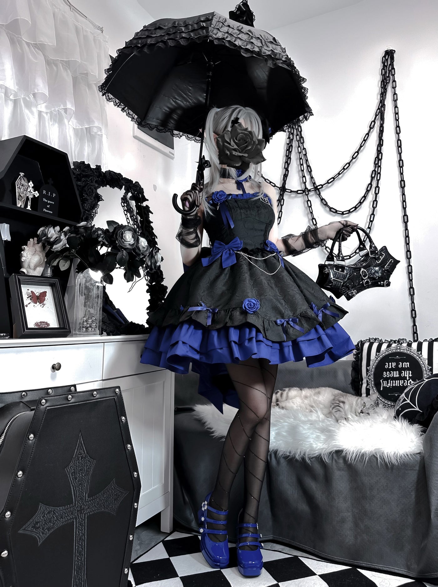(Buyforme)Platycodon House~Romantic Contract Lolita Twin Rose Gothic JSK XS black blue set (with headwear) pre-order 