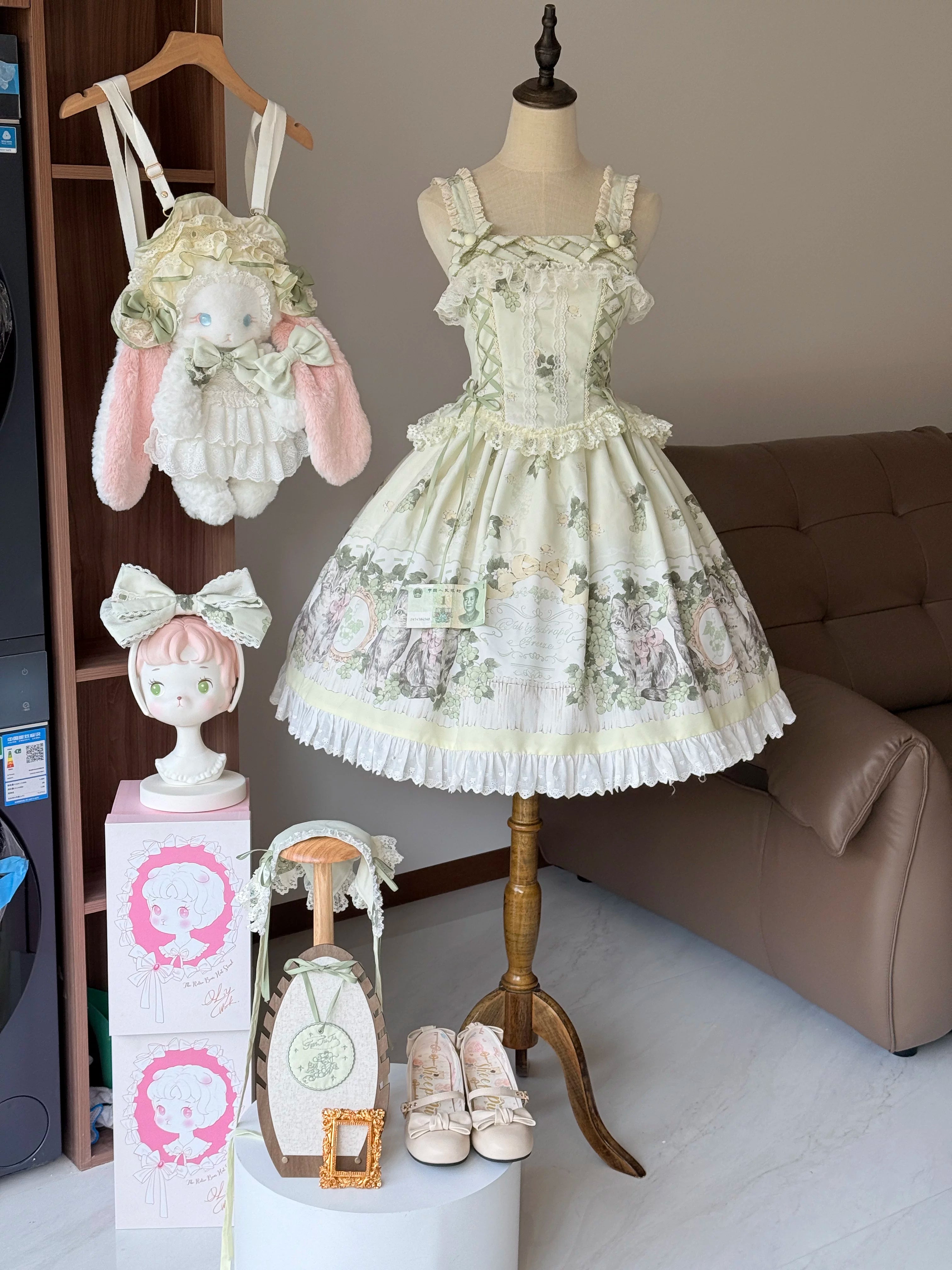 Grape Garden Cat - Classic Lolita Printed JSK Dress, Short Sleeve OP JSK Only S