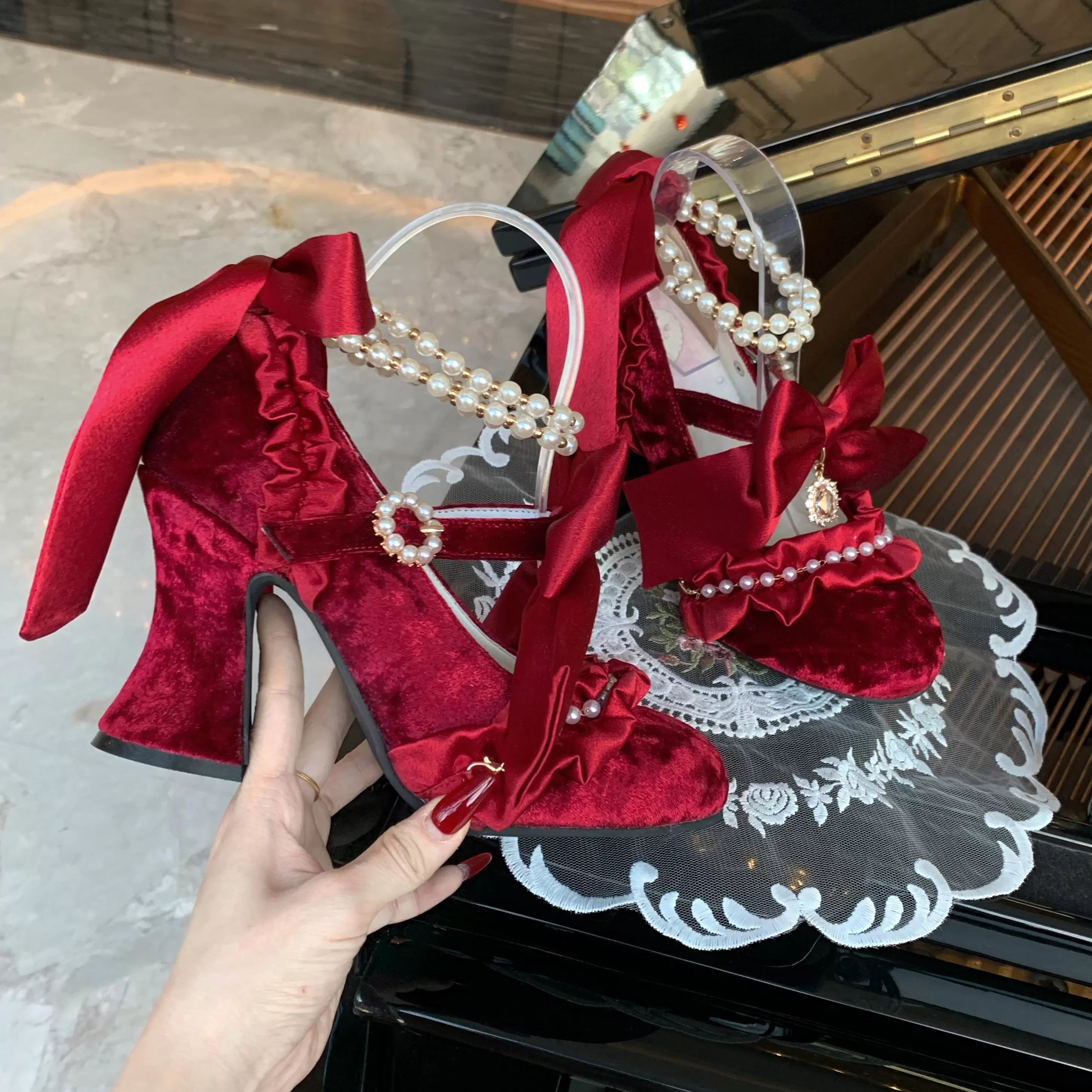 Ribbon Anthem - Gorgeous Classic Lolita Heels, Detachable Bow & Pearl 44639:815874