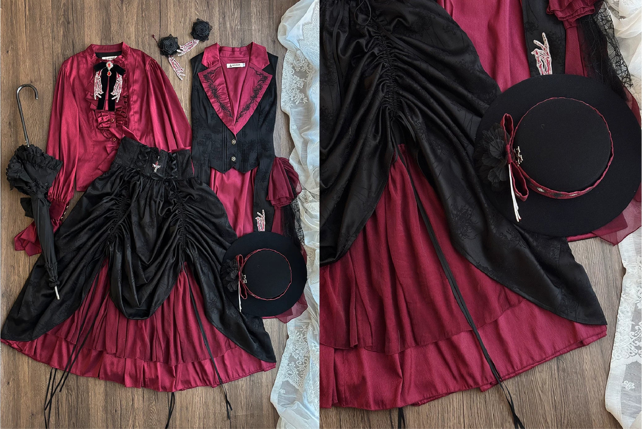Moonnight Return - Fishbone Gothic Lolita SK Dress, Drawstring lift-up Hem Solid - Red SK XS