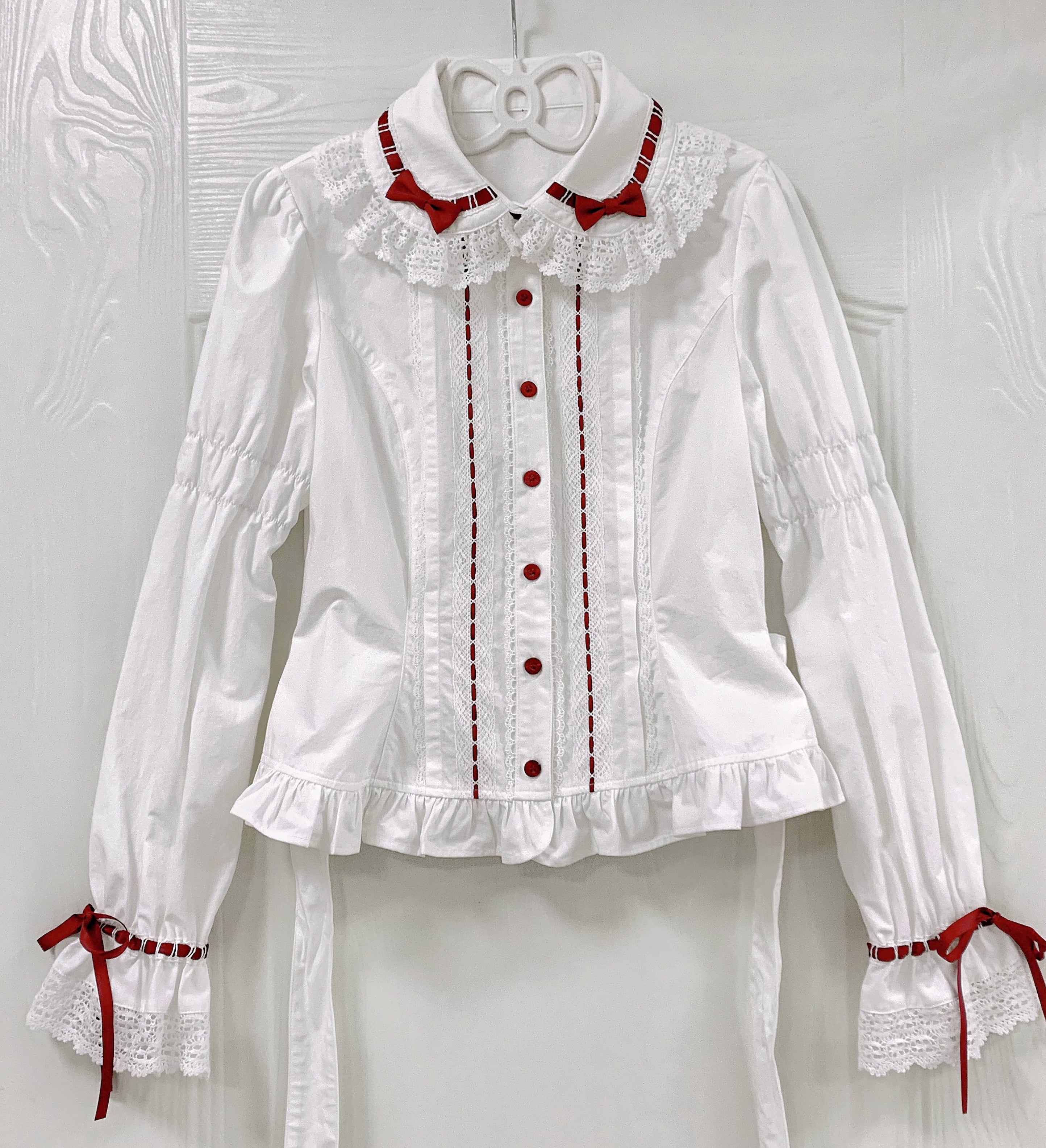 Bunny's Wish - Cotton Sweet Lolita Blouse, Long Sleeve White Blouse with Red Ribbon (Lotus Root Sleeve) XS