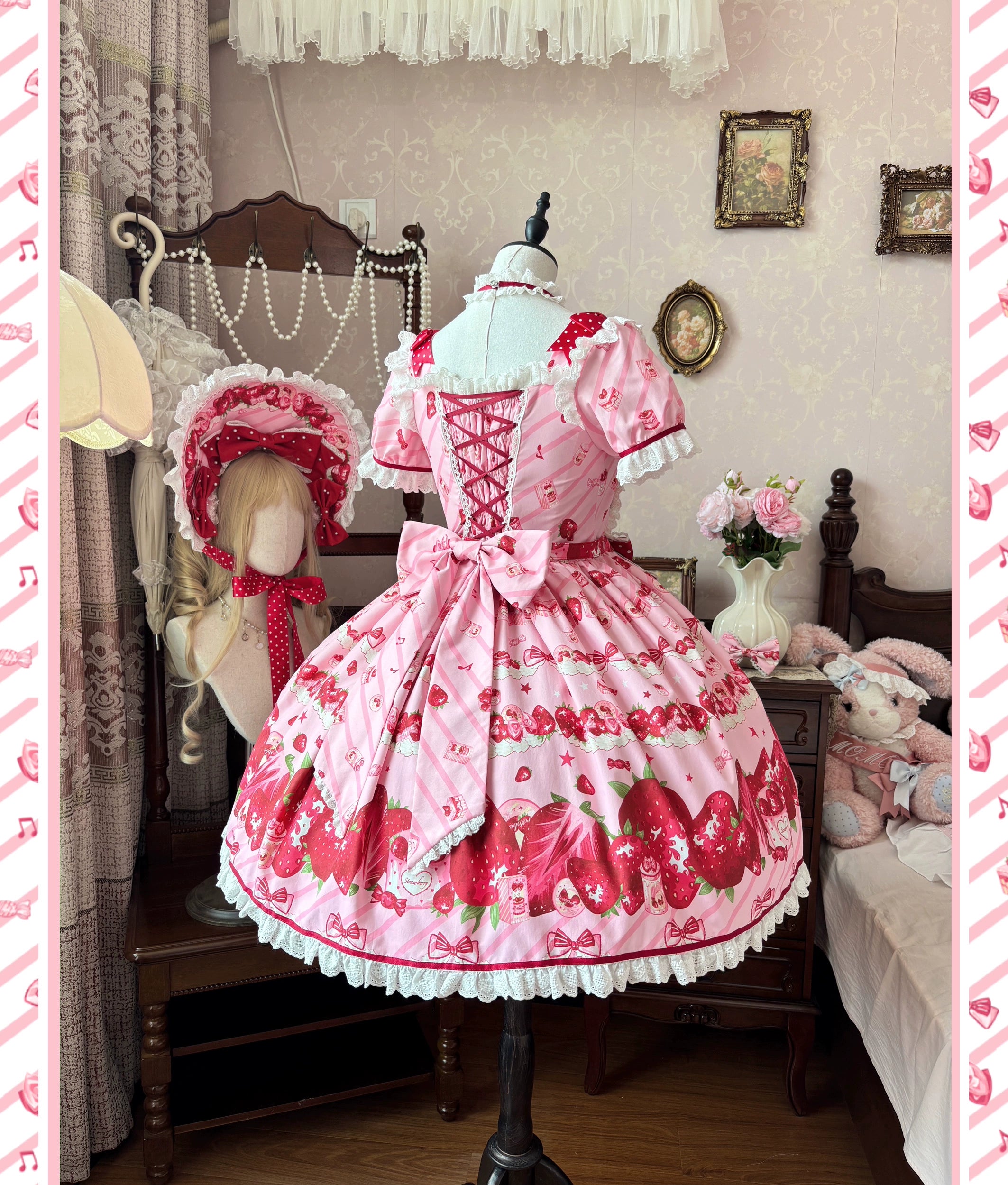Peach Bunny - Strawberry Box - Sweet Lolita OP Dress, Strawberry Print 43994:791539
