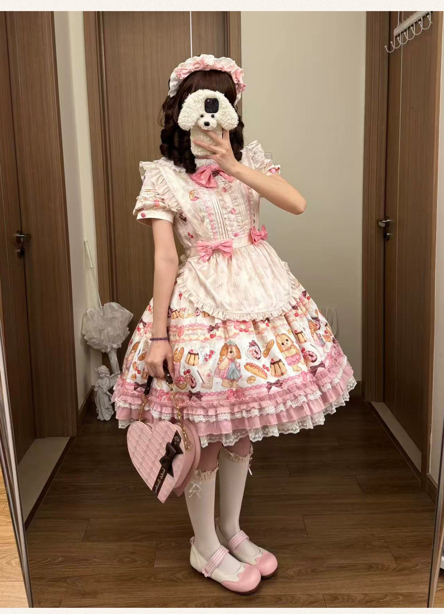 Full Sugar Bakery - Sweet Lolita Puppy Dessert Print OP Dress with Bows 4-piece Set (OP + apron + KC + cuffs) S