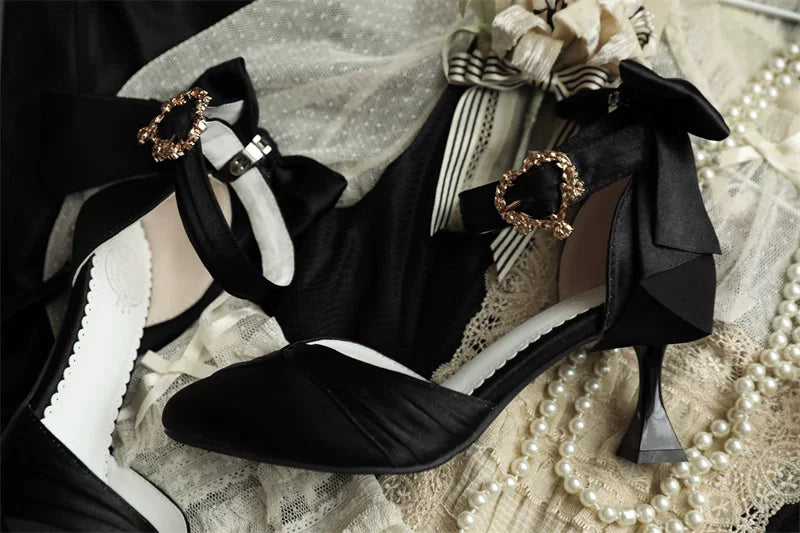 Coronation - Classic Lolita Wine Glass Shaped Heels Shoes, Detachable Bow Black 34