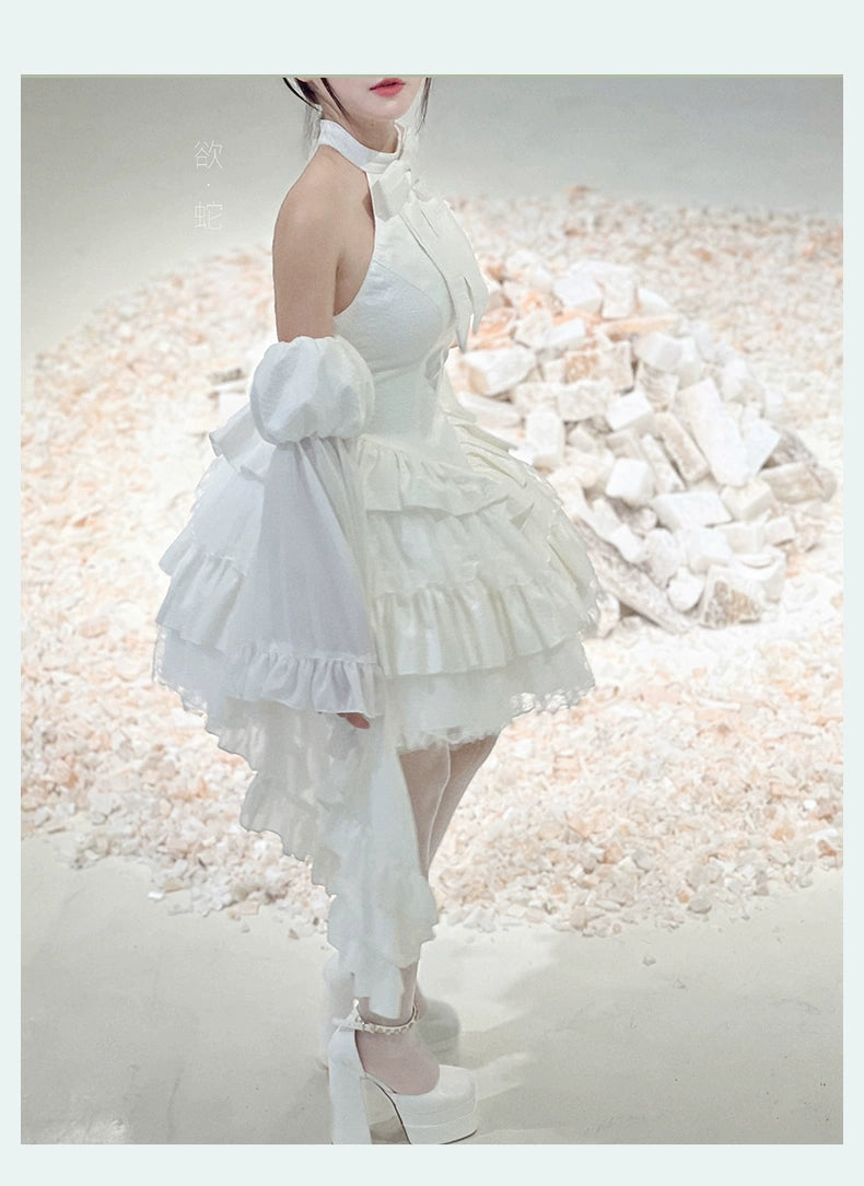 Diamond Honey - Desire Serpent - Gothic Lolita JSK Dress Snake Print Slimming Backless Dress S White - Arm Sleeves