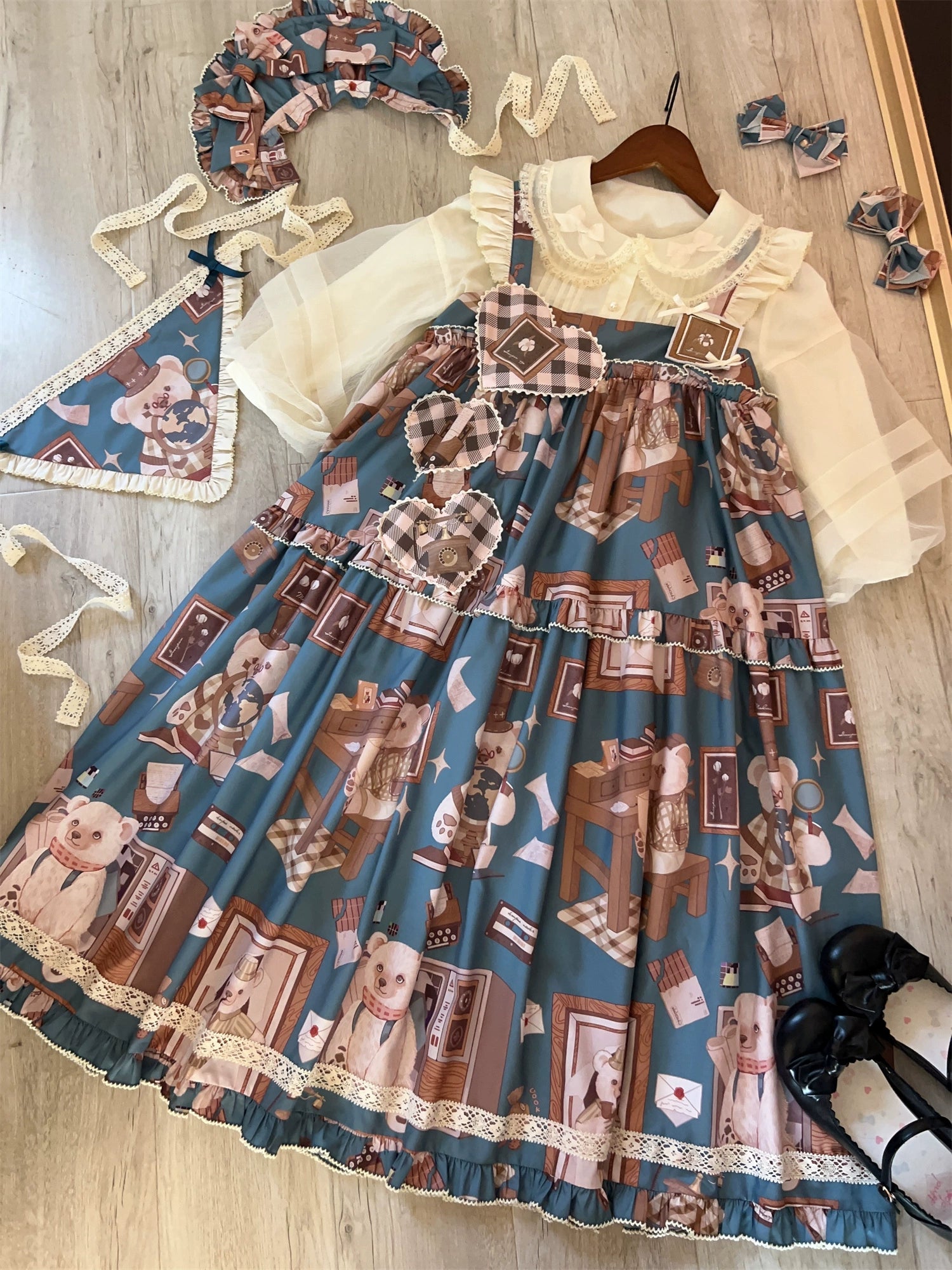 Babyblue~Gretel Bear~Vintage Lolita Dress Teddy Bear Prints Dress S Green JSK (with waist tie) (L M S XL) 33574:430468