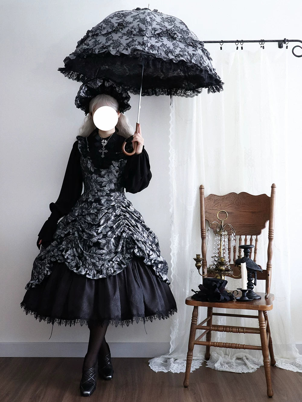 Midnight Lily - Gothic Lolita Lily Jacquard JSK Dress, Drawstring Lift-up Hem 45765:861810