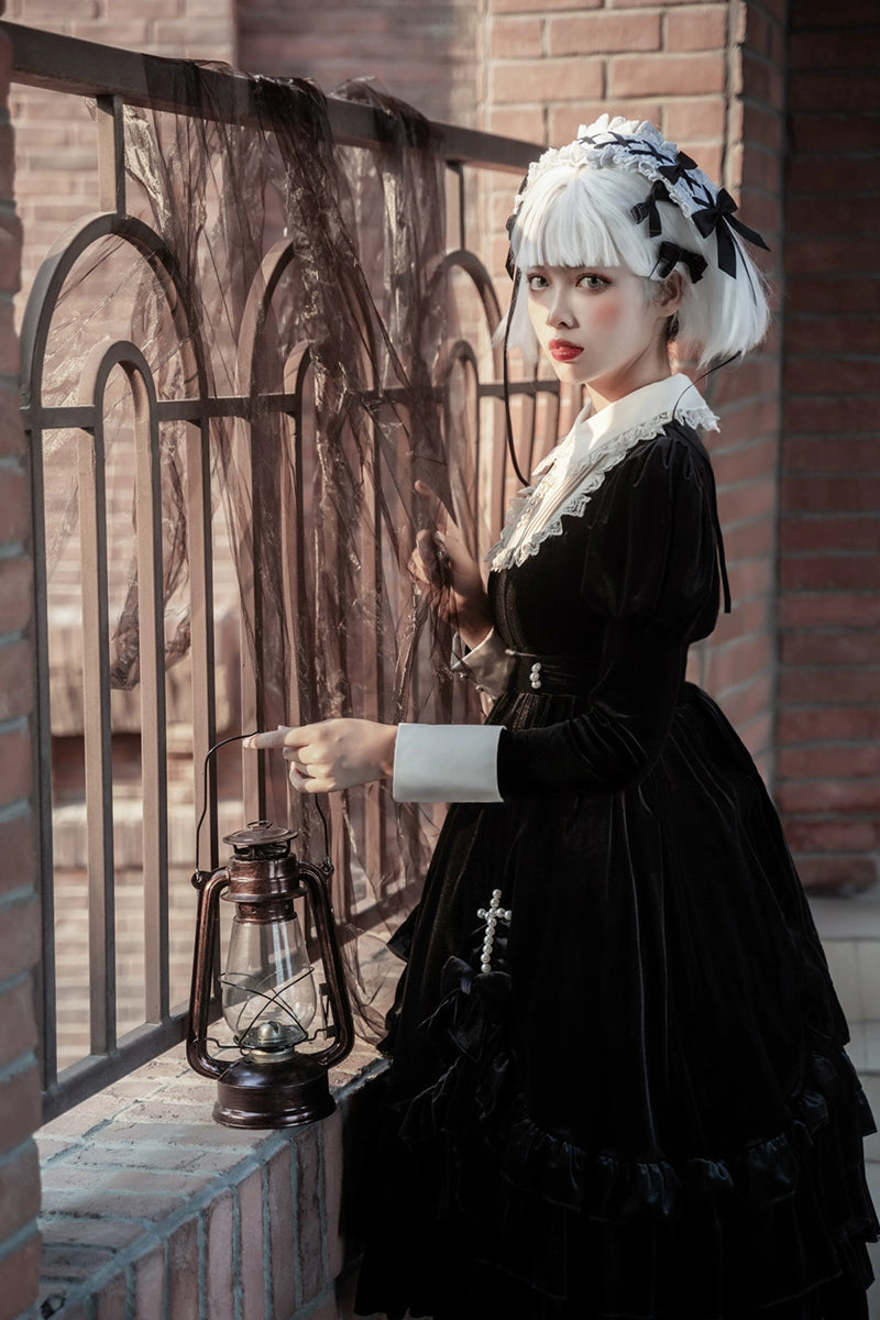 Your Princess - Gothic Lolita Velvet Maid OP Dress, Pearl Cross Accents 44047:794484