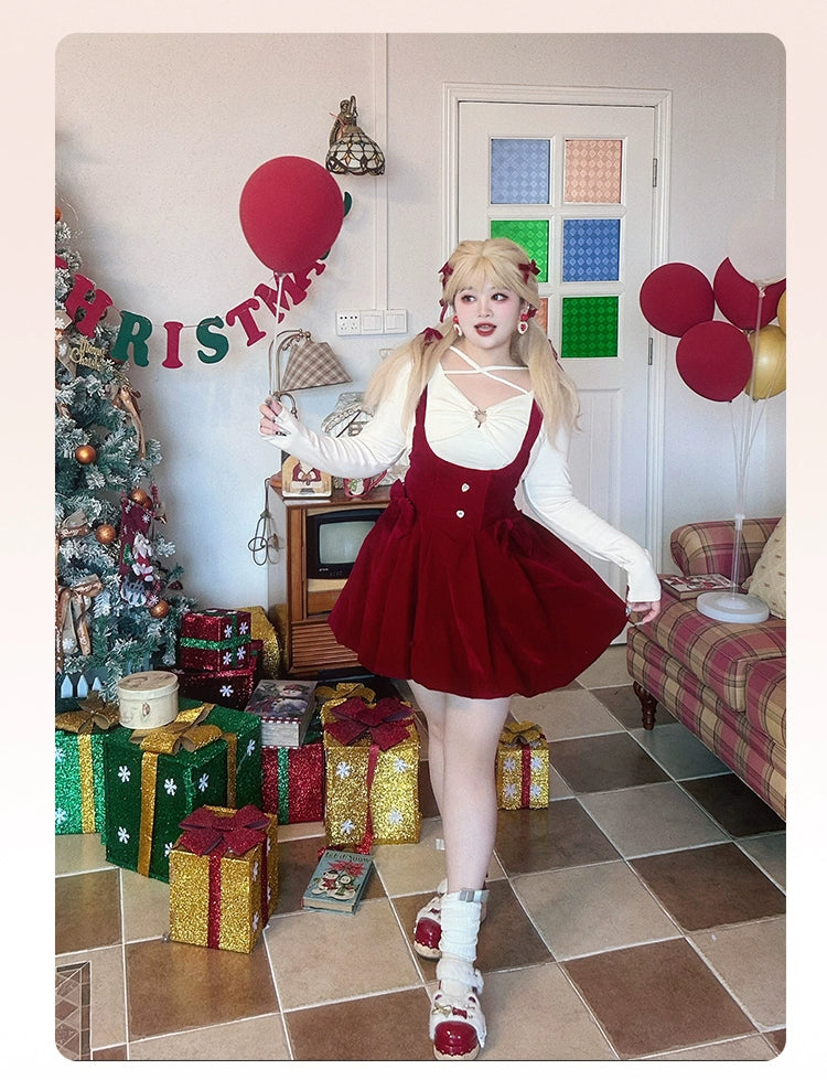 Yingtang - Plus Size Lolita Christmas Plush Coat Dress Set XL Red salopette (without the waist bows)