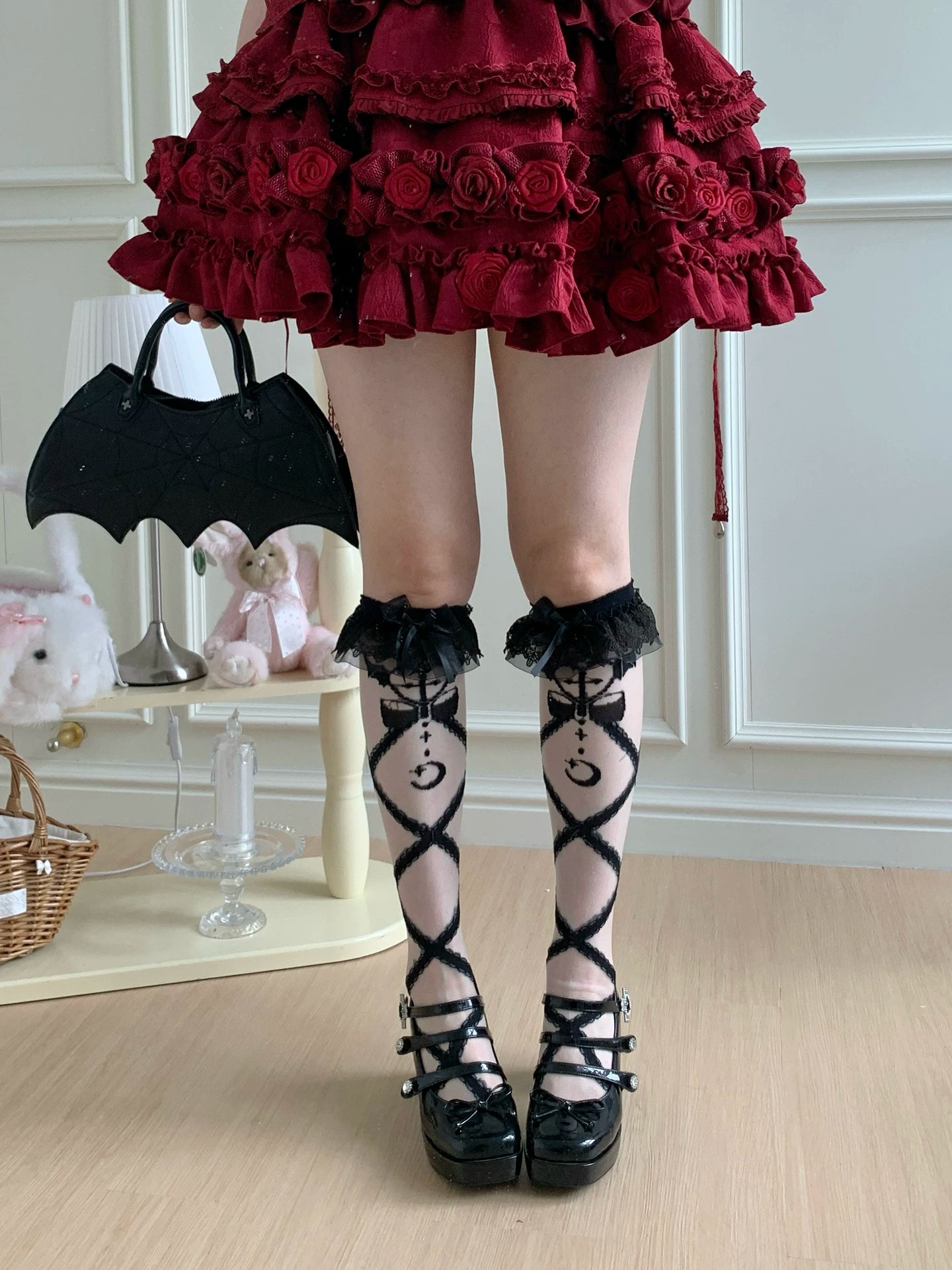Lolita Cross Printed Socks with Layered Lace Trim Cuff (Black) 45516:852706