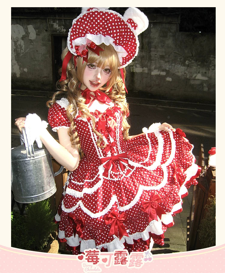 Berry Dew Drops - Red Old School Lolita OP Dress, Polka Dot