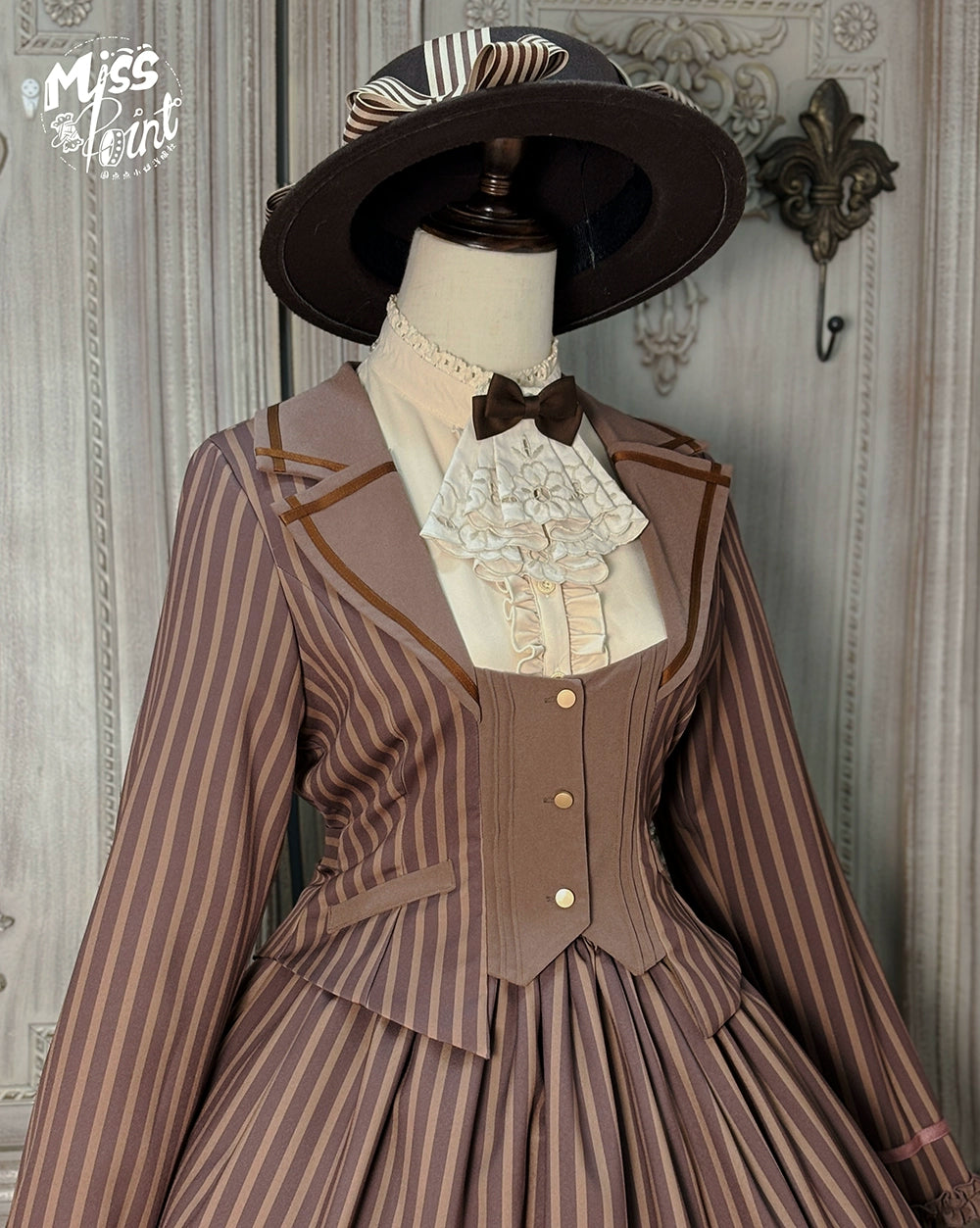 Miss Point - Classical Chocolate - Classic Lolita Jacket Elegant Striped Short Outwear (2XL L M S XL XS) 40812:676512