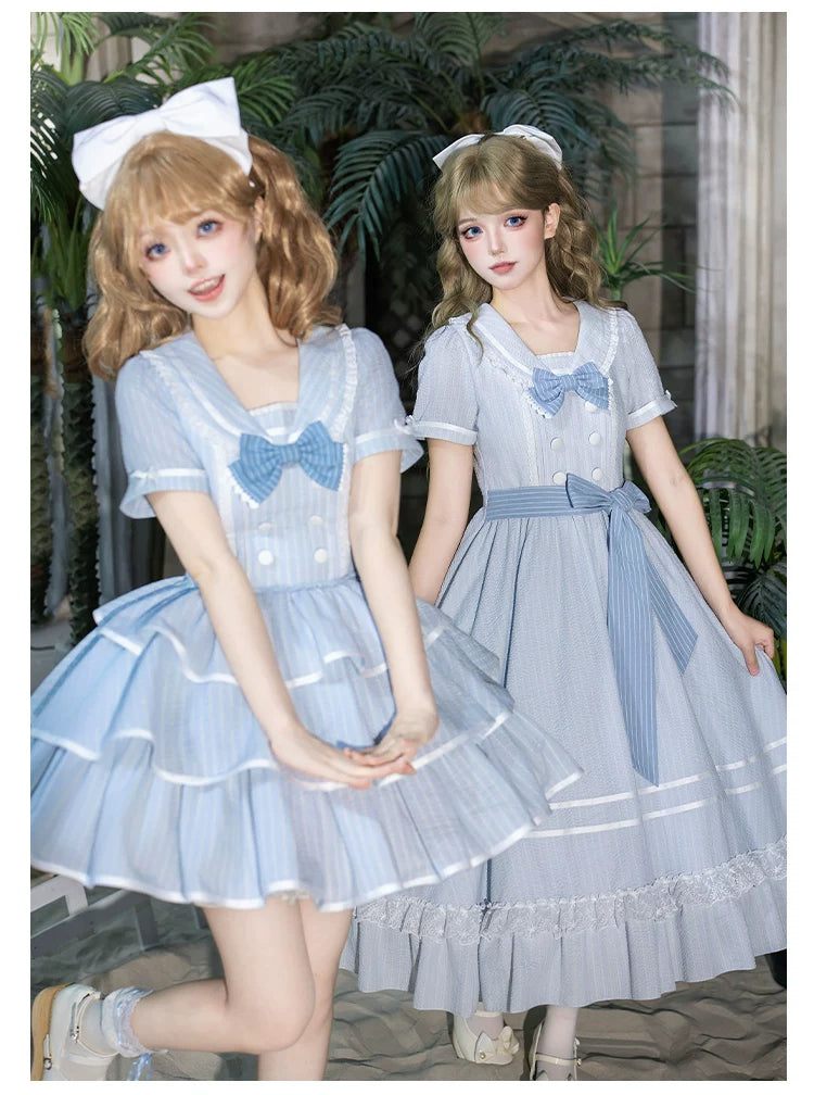 Seven-Day Bell - Blue Classic Lolita Striped OP Dress, Sailor Collar