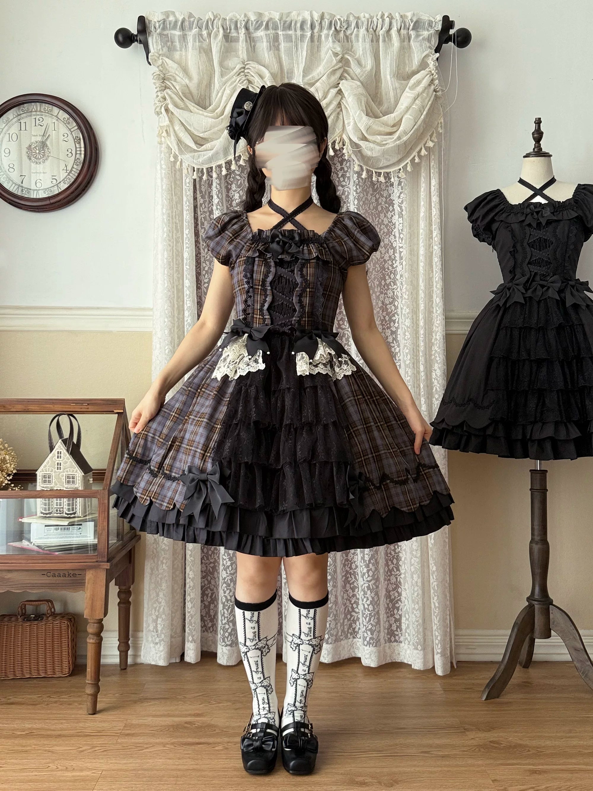 Plaid Petals - Old School Lolita OP Dress, Scalloped Hem Plaid OP Only S