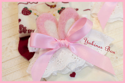 Yukines Box~Kawaii Lolita Rabbit Ear Cuffs and Ankle Lace a pair of ankle lace white rabbit ears with pink bow 