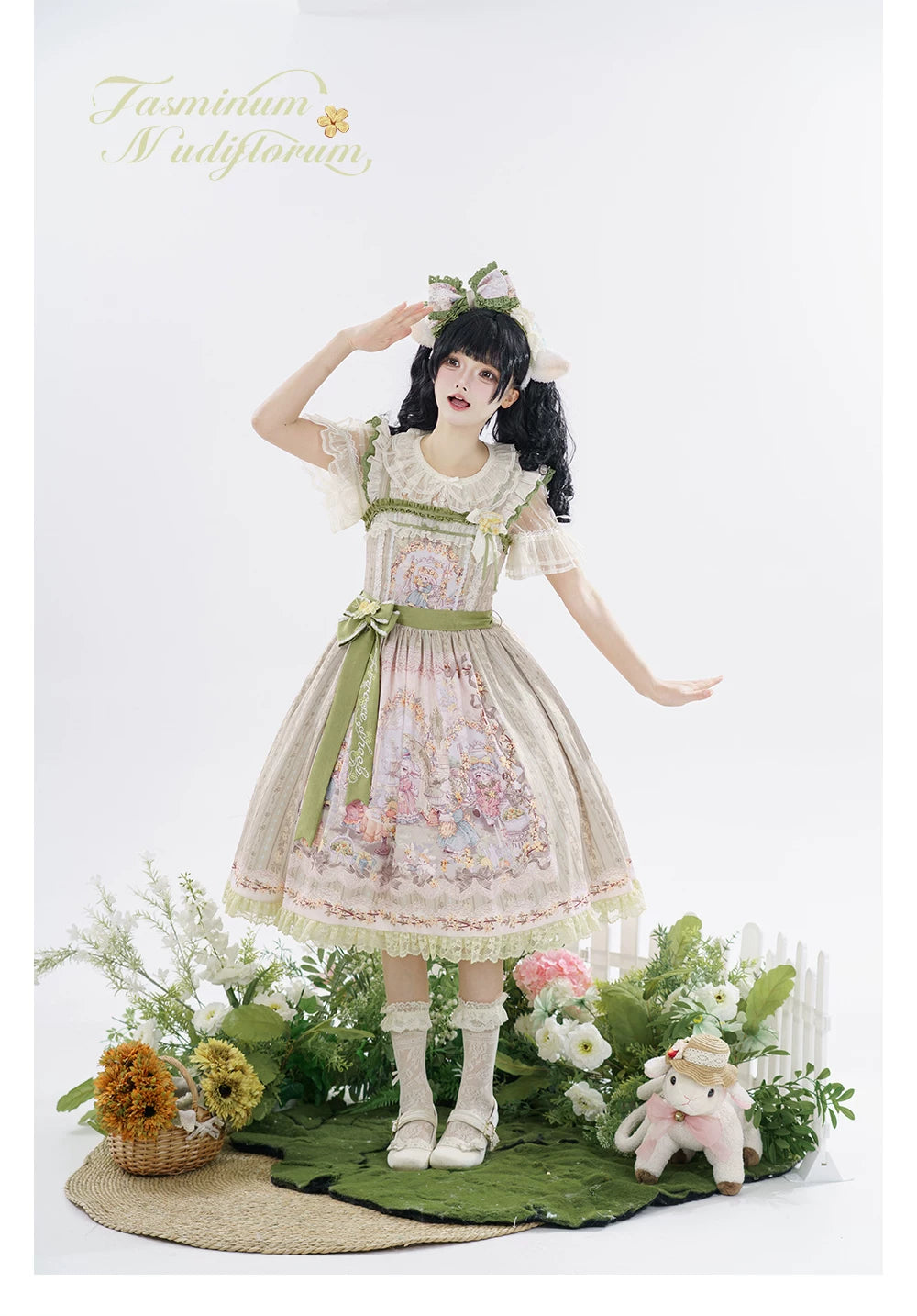 Greets Spring Lamb - Classic Lolita JSK Dress, Winter Jasmine & Lamb Print