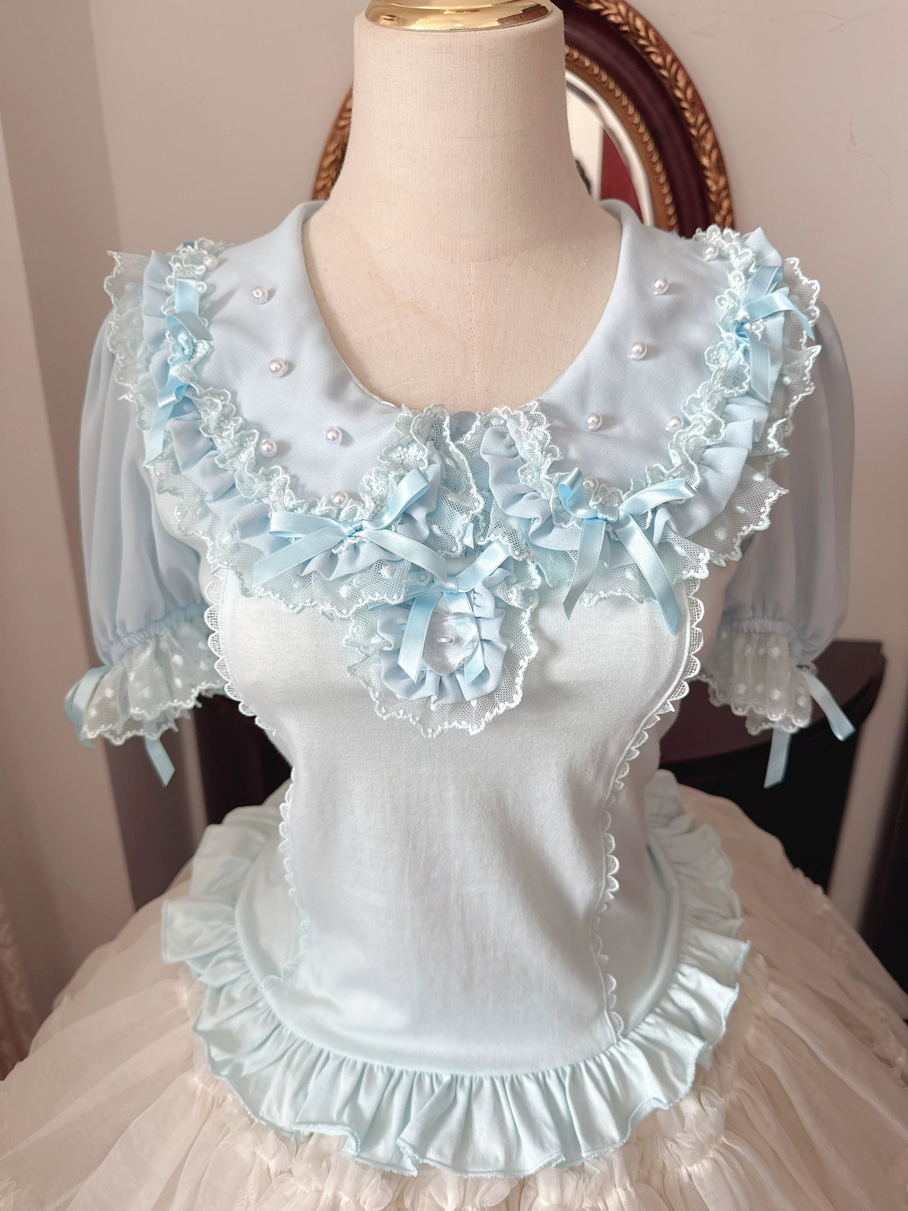 Sea Coconut - Cotton Old School Lolita Peter Pan Collar Blouse with Lace Blue - Short Sleeve Blouse Small