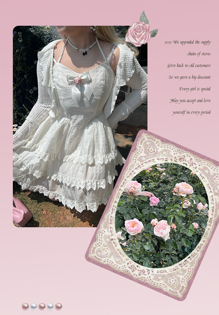 Yingtang - Rose of France - Sweet Lolita Plus Size Halter Puffy Dress Set XL white outer cardigan only