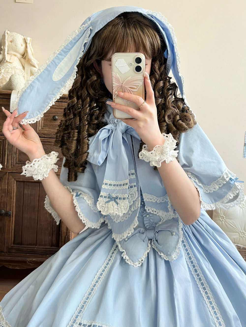 Vintage Petal Rabbit - Pure Cotton Kawaii Lolita Cape With Rabbit Ear Hood 43138:767109