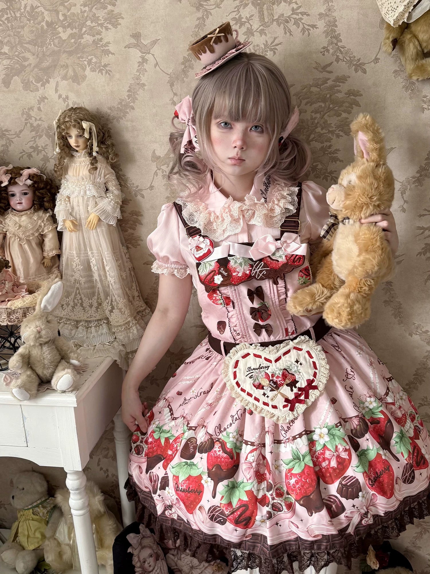 Strawberry Chocolate Lovers - Kawaii Lolita Embroidered Printed Dress 44882:840997