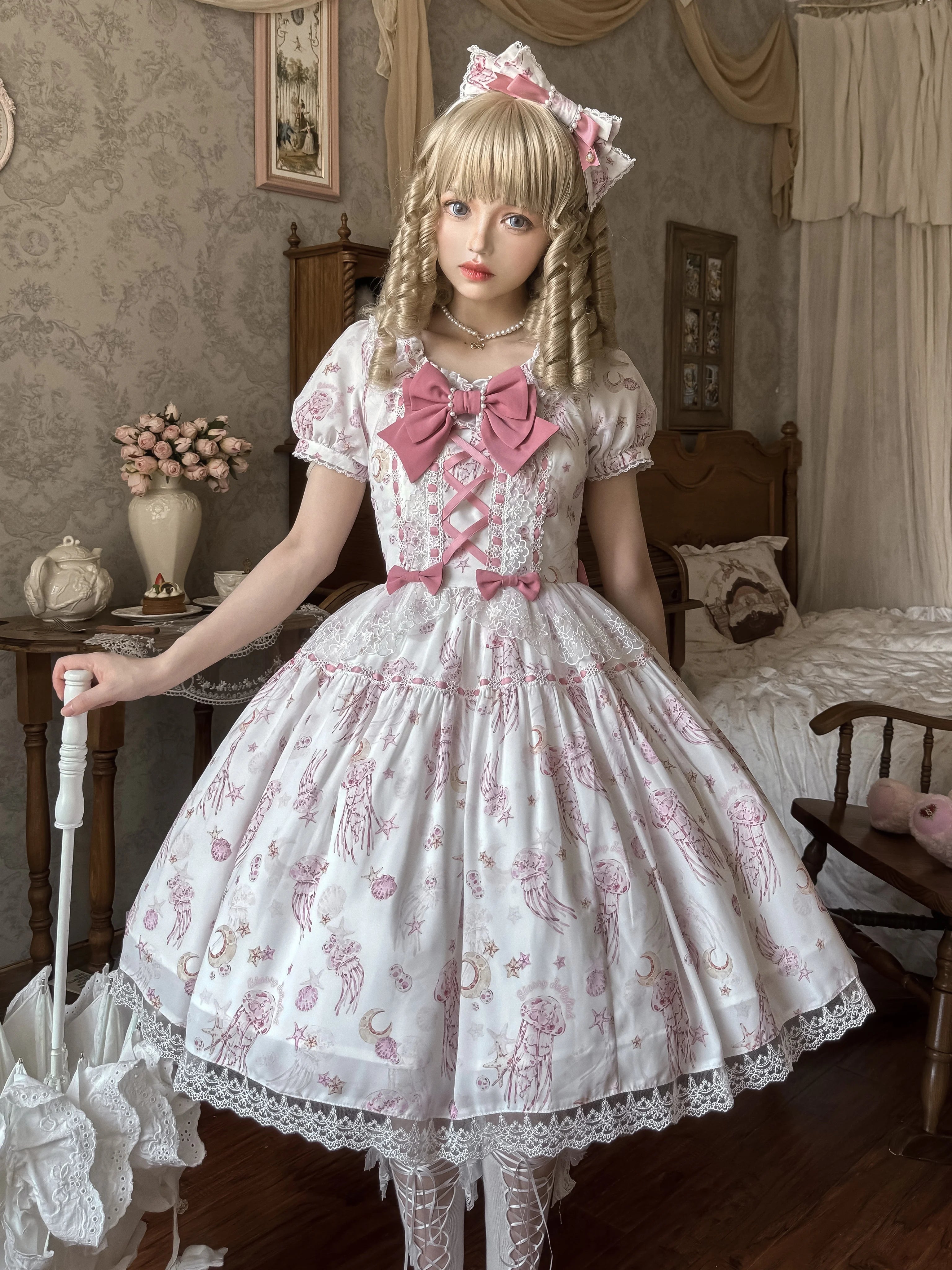 Starry Jellyfish - Printed Classic Lolita JSK Dress, Short Sleeve OP