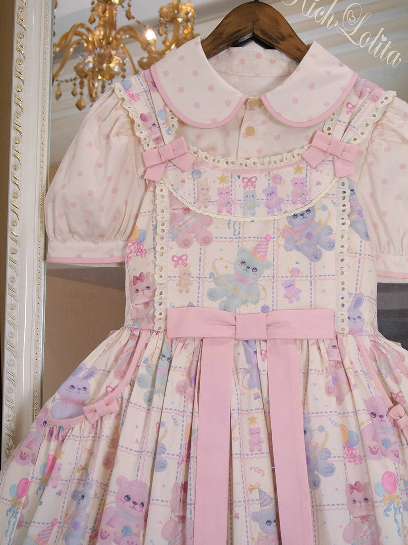 RichLolita - Starry Pudding Bear - Sweet Lolita Jumper Dress Printed OP Dress XS JSK