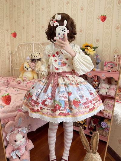 Akiyama Future Studio~Strawberry Sheep~Sweet Lolita Salopette Strawberry Sheep Print Dress S Salopette 