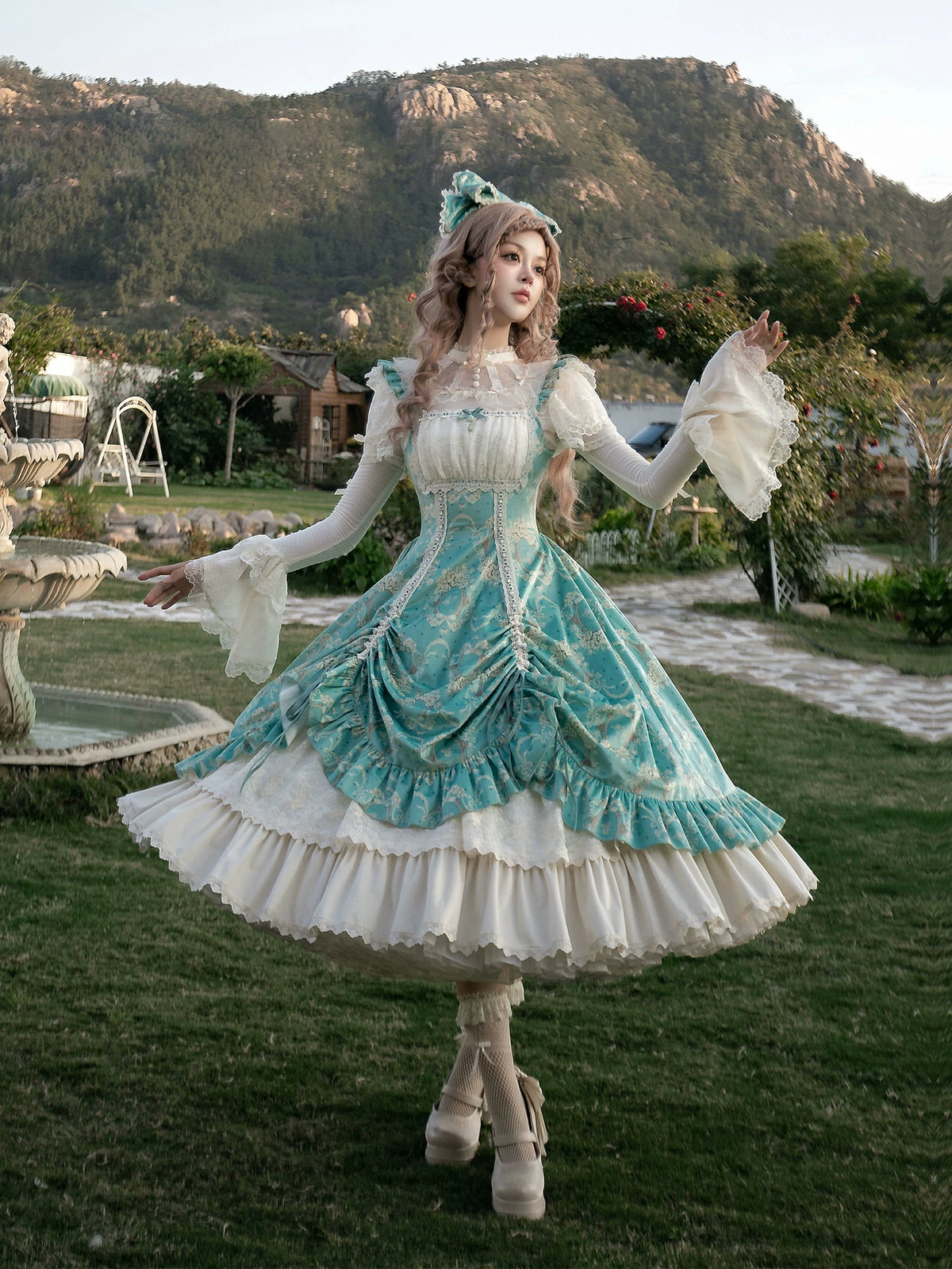 Old Courtyard Floral Letter - Classic Lolita Printed JSK Dress Set, Drawstring Lift-up Hem 46102:875286
