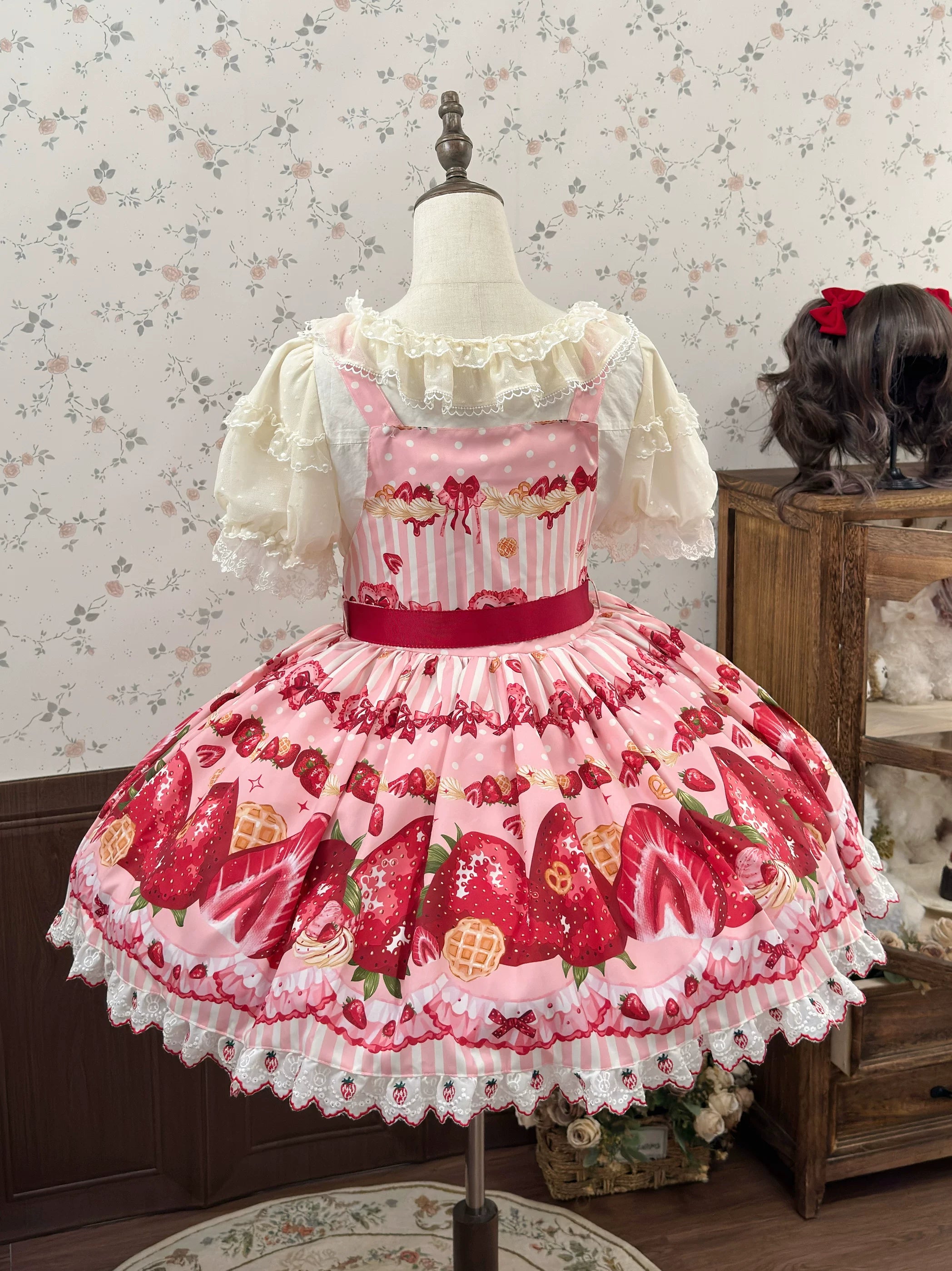 Strawberry Sweetheart Cake - Sweet Lolita Salopette & JSK, Strawberry Print Pink - Salopette S Single Dress