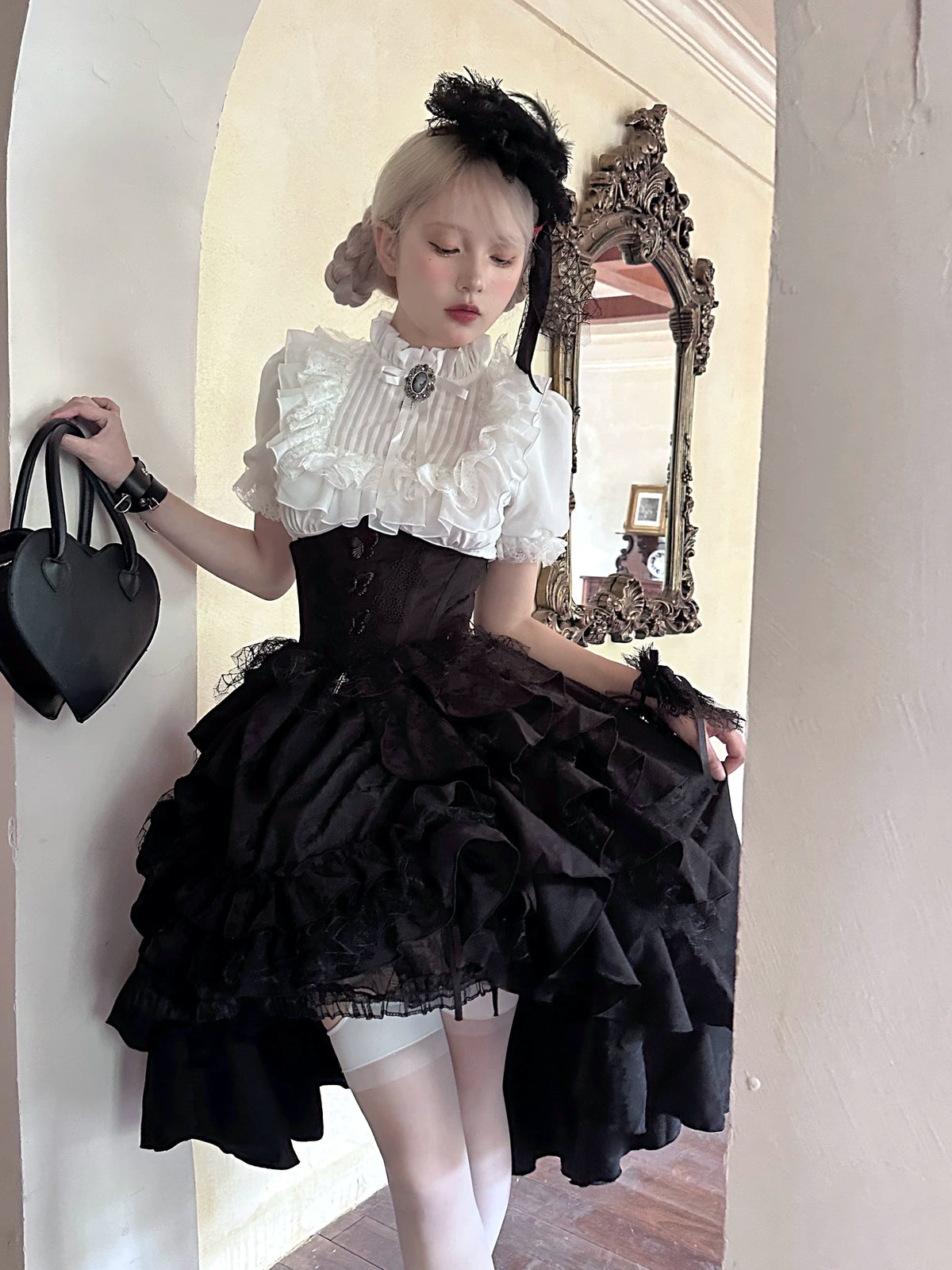 Mistshroud Manor - Gothic Lolita Blouse & Boned Waist SK, Drawstring Lift-up Hem (L M S XL) 45909:867523