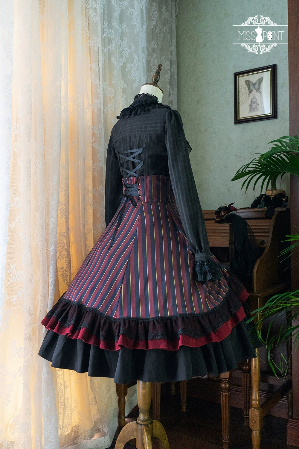 (Buyforme)Miss Point~Customized Lolita Elegant Striped High Waisted Fishbone SK 21544:312576