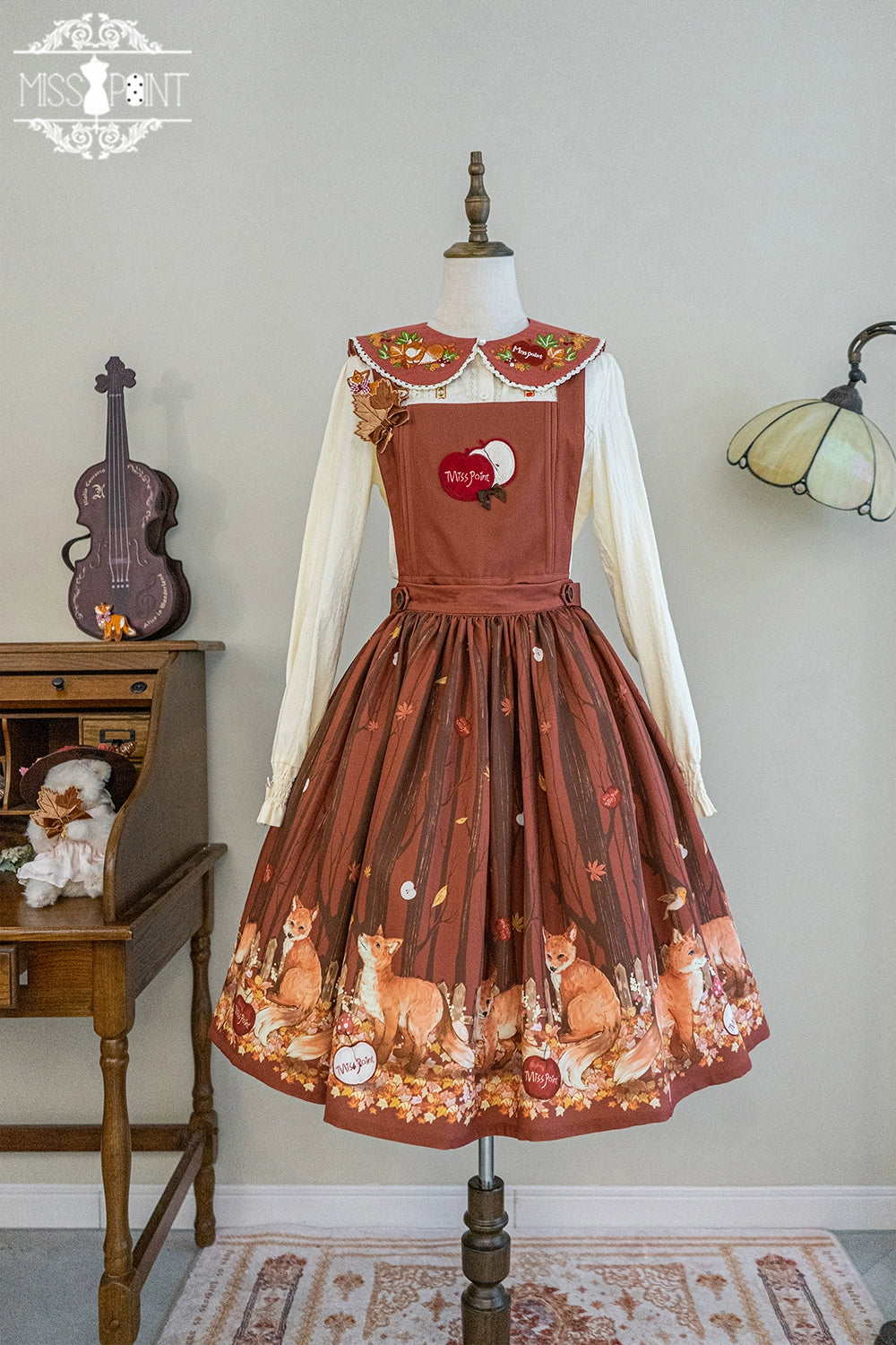 Miss Point - Chubby Fox in the Forest - Kawaii Lolita Accessories Knitted Fox Scarf Embroidered Faux Collar
