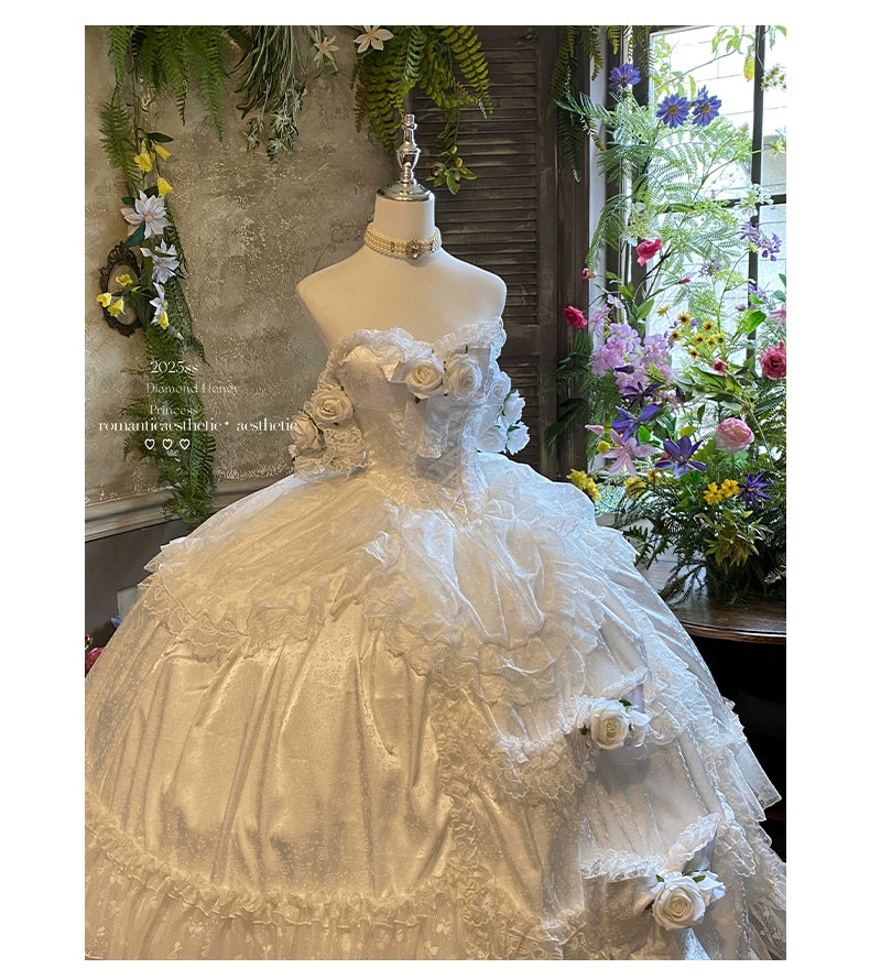 Diamond Honey~Love and Roses~Princess Bridal Wedding Lolita Dress With Rose Detail and Tiered Skirt 43314:773005