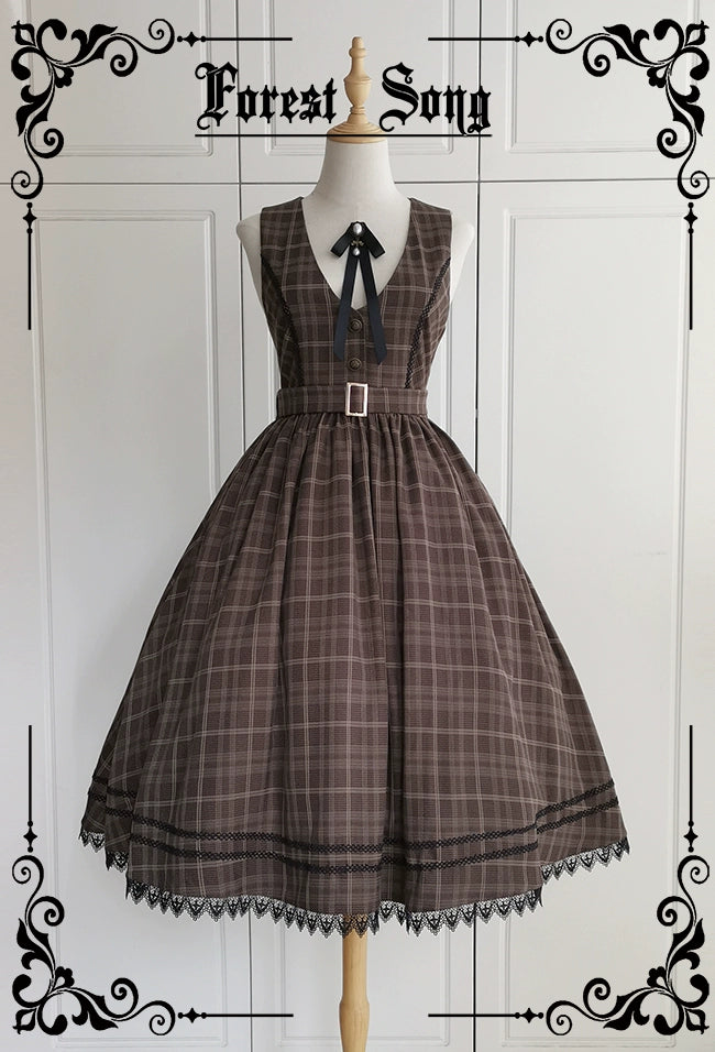 Forest Song - Grena's Poems - V-Neck Plaid Jumper Dress S coffee JSK