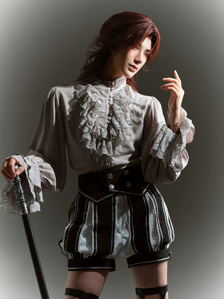 Crow Feather Ode - Ouji Lolita Cotton Linen Shirt and Clock Embroidery Vest Set 45665:857405