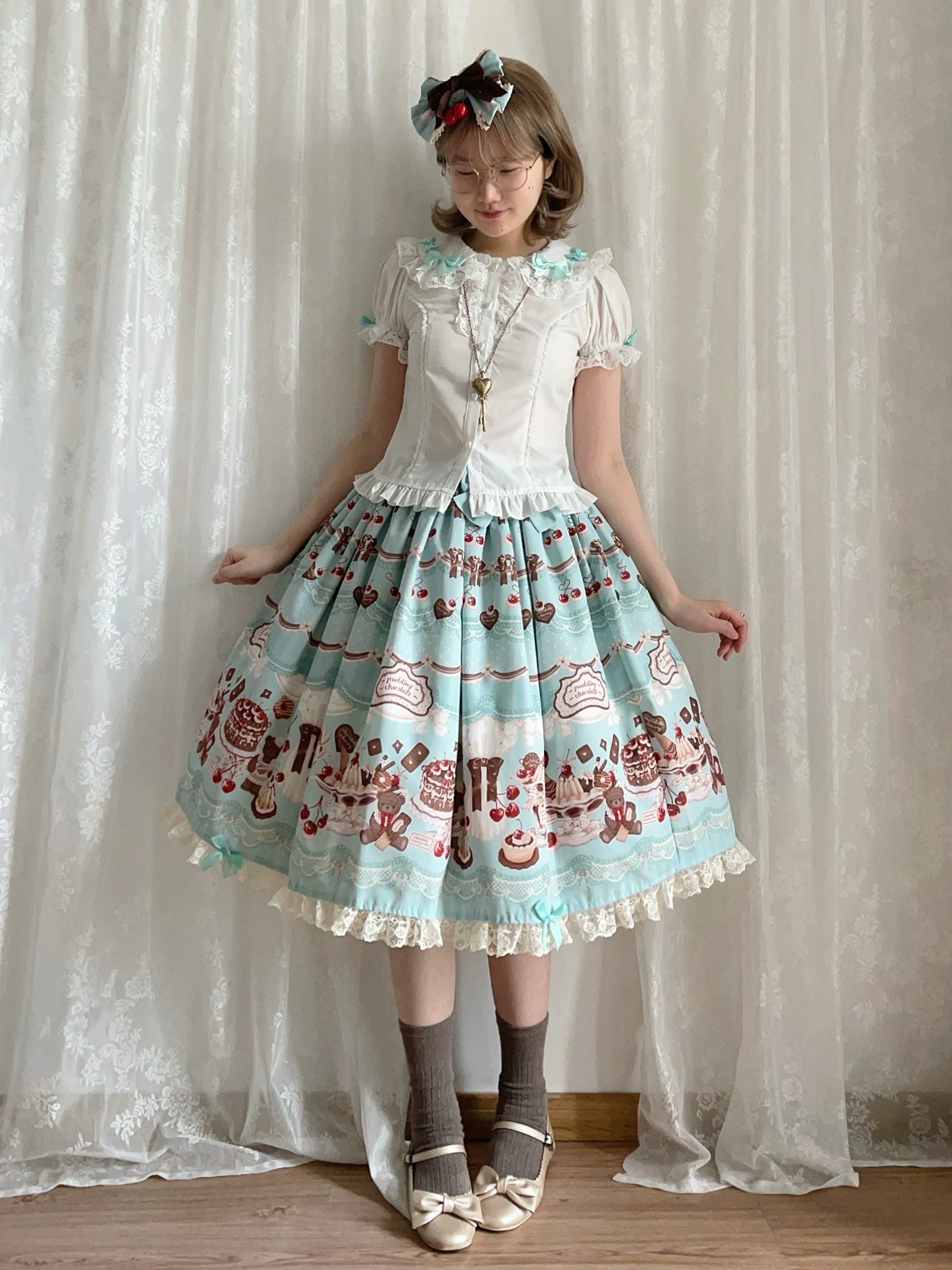 Cherry Choco Bear - Kawaii Lolita Elastic Skirt, Dessert and Cherry Print