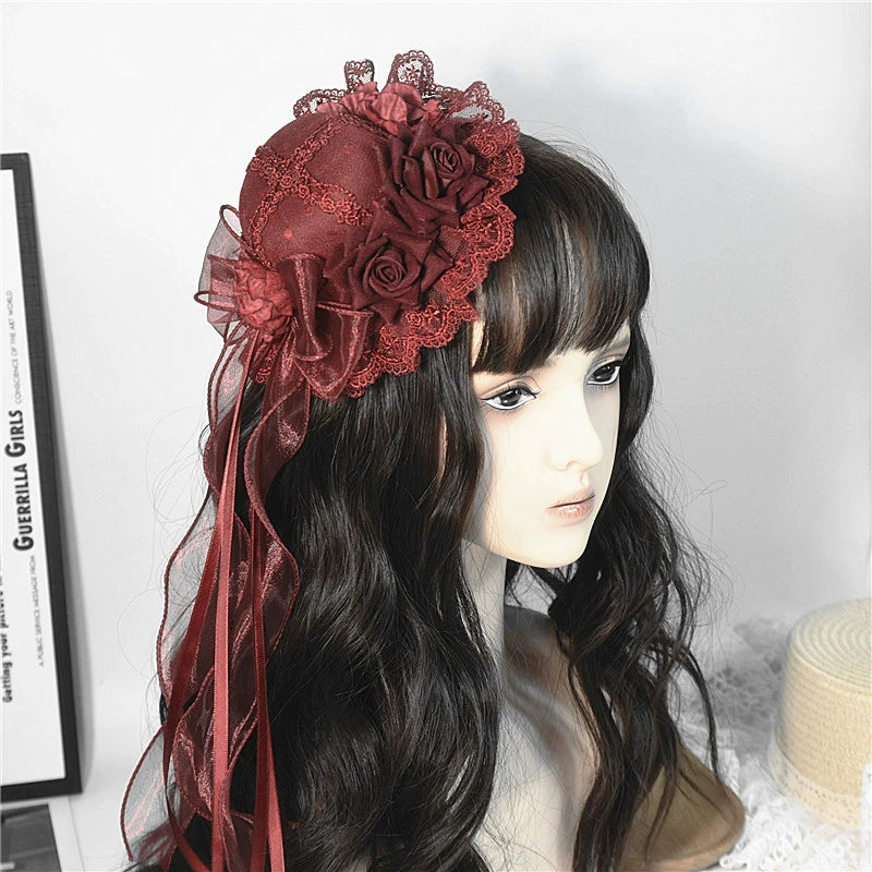 Youge Original Accessory - Gothic Lolita Red Top Hat, Rose & Bow 44131:796370