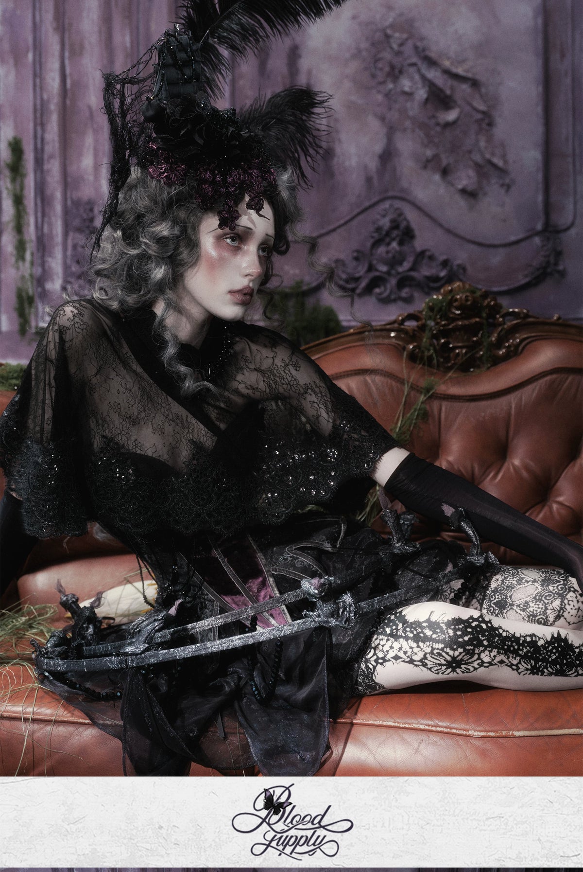 Undead's Gift - Halloween Gothic Lolita Sailboat Top Hat, Feather & Lace 46022:872796