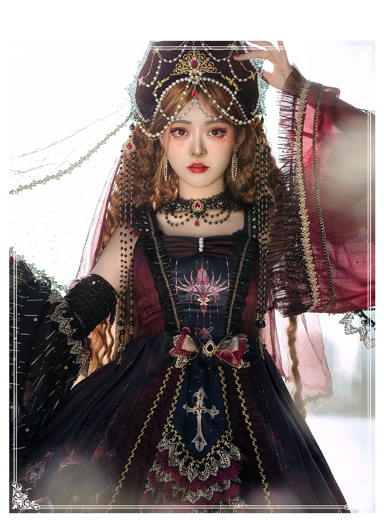 YingLuoFu - Black Red Retro Palace Elgant Classical Lolita JSK