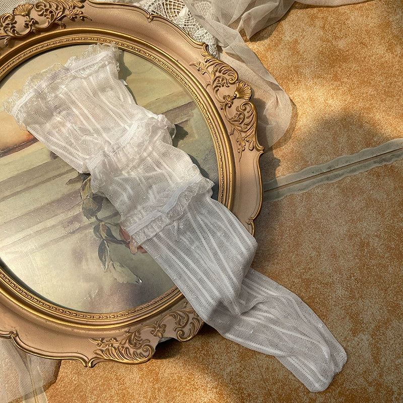 WAGUIR - Sweet Lolita Mid-Calf Socks 3-Layer Lace Mesh Fairy Thin Socks One Size White socks - basic version