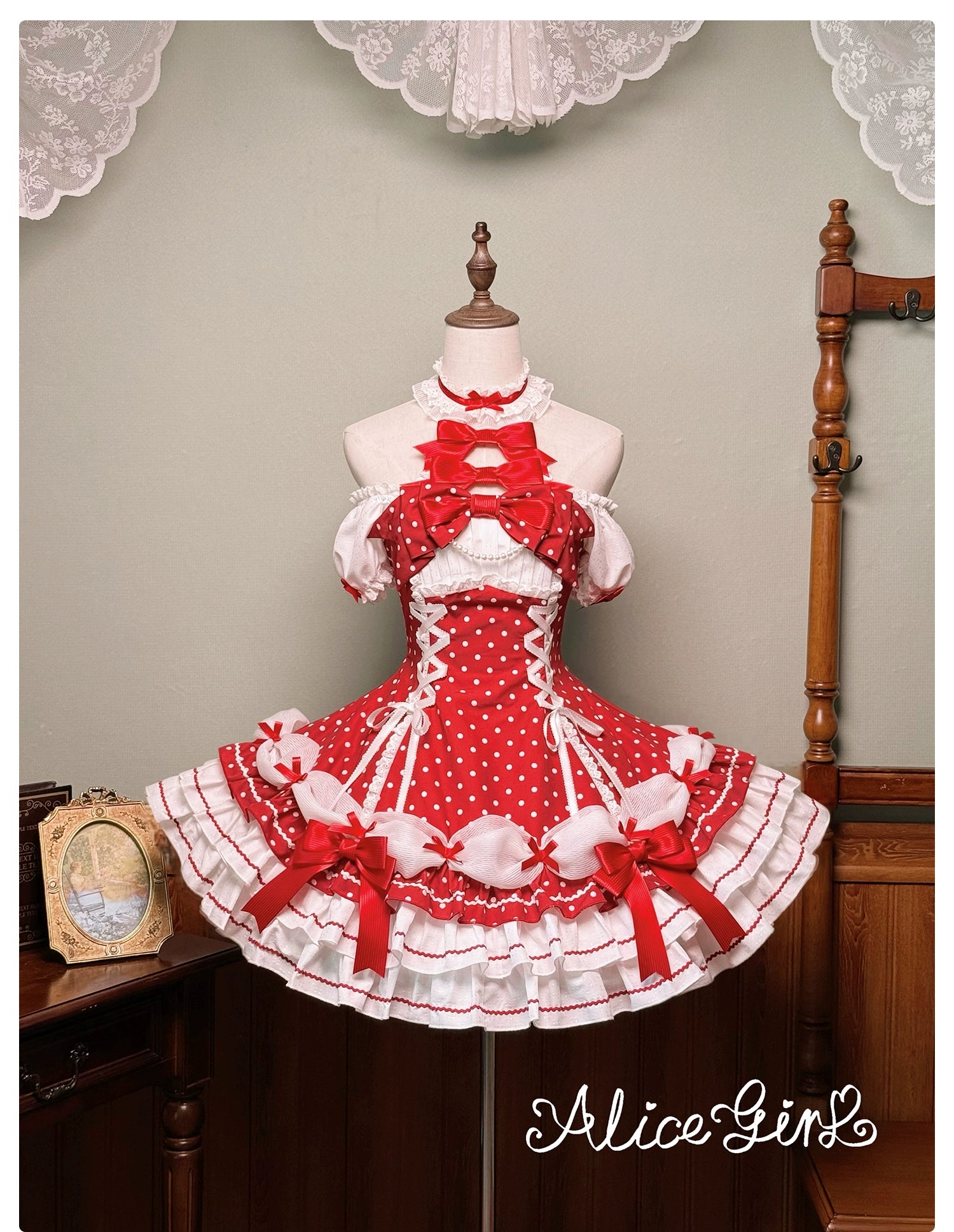 Old School Lolita Halter Neck OP Dress, Polka Dot Accent 43701:783537