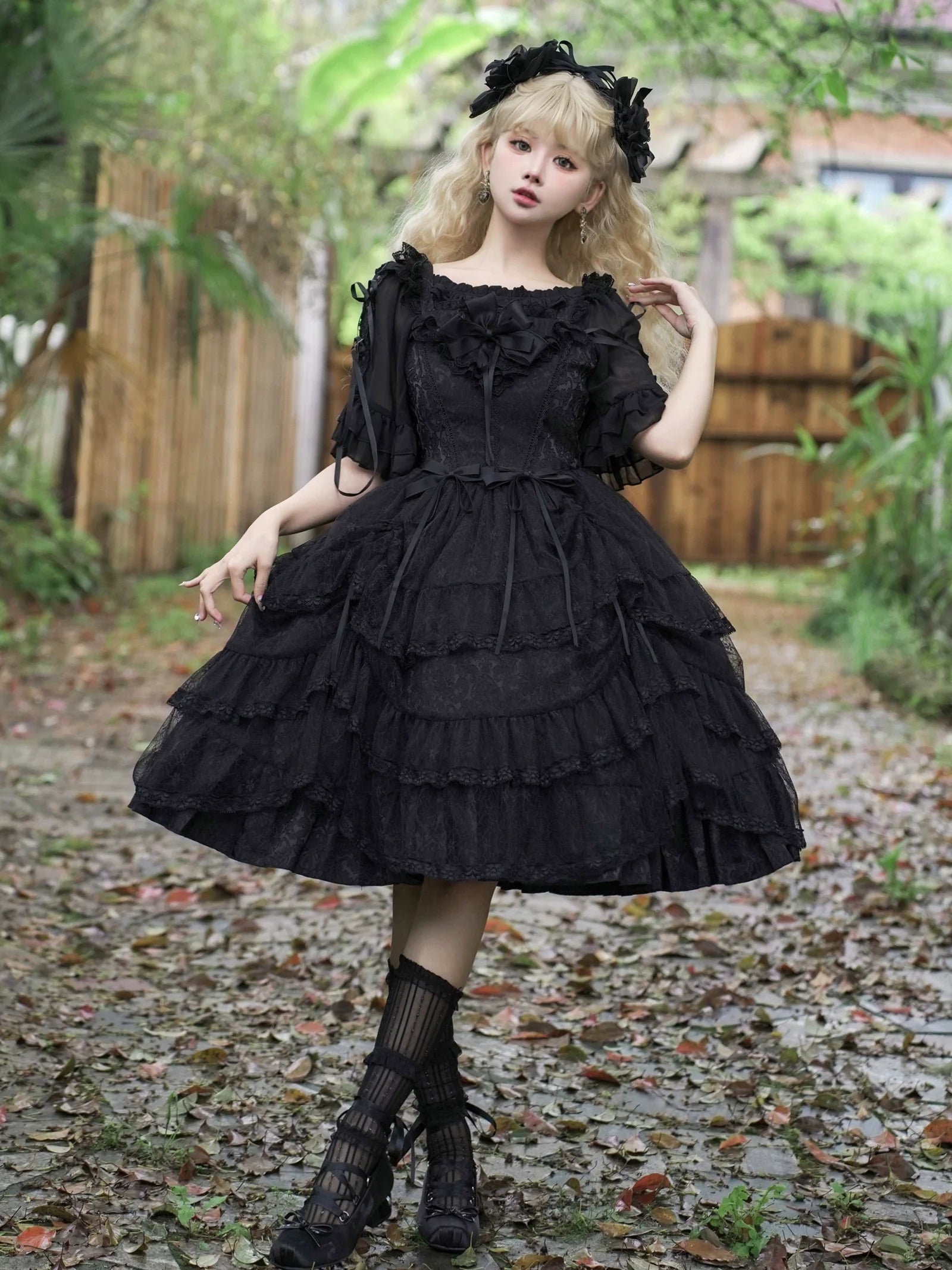 Eieyomi - Iris Love - Elegant Black Lolita JSK Dress, Short Sleeve 44383:806039