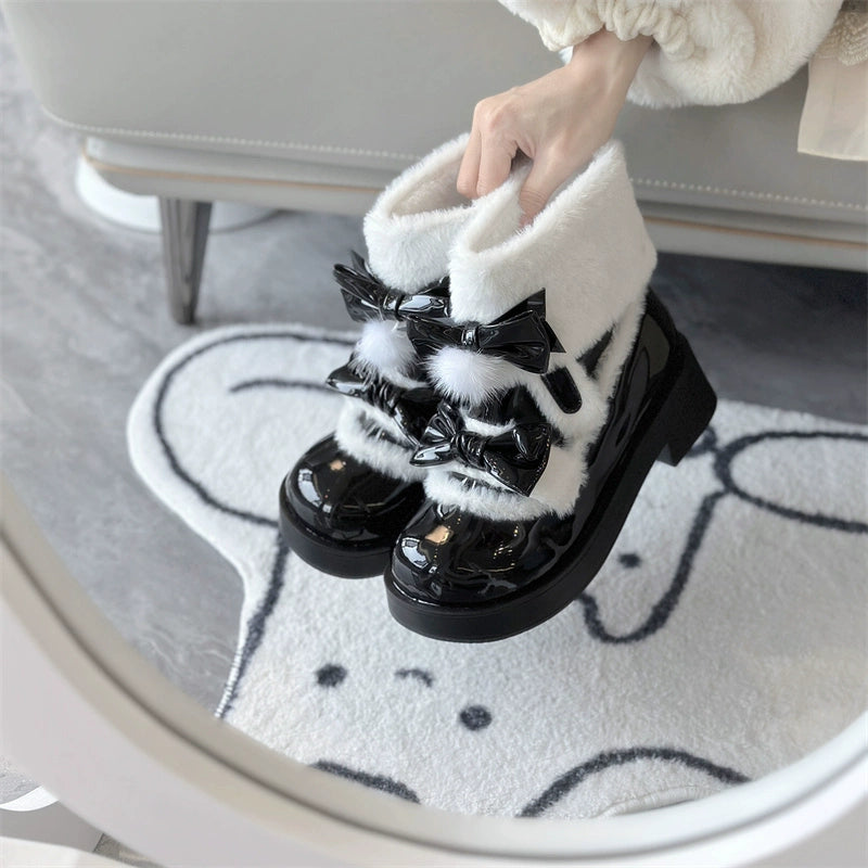Jiangjiang Biscuit - Kawaii Lolita Winter Boots, Bow-Adorned (Black / 34 35 36 37 38 39 40) 44180:797804