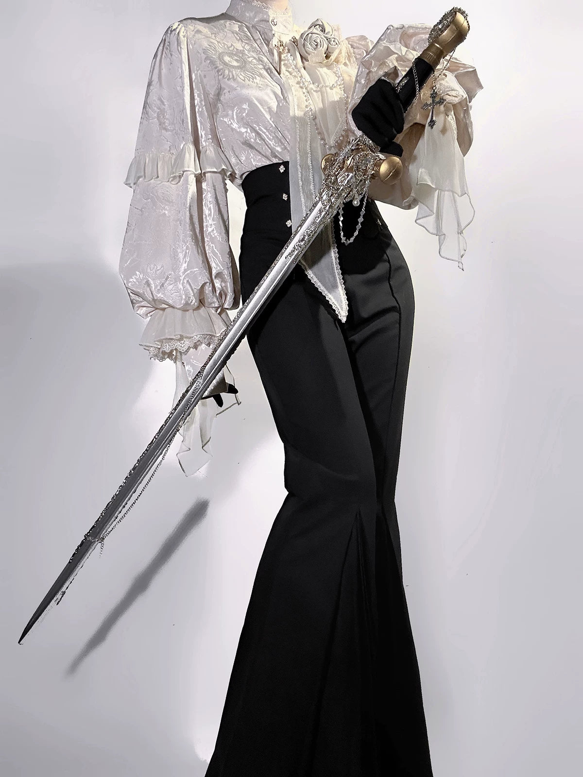 Rose and Sword - Ouji Lolita Jacquard Blouse & High Waist Pants Suit 45502:851304